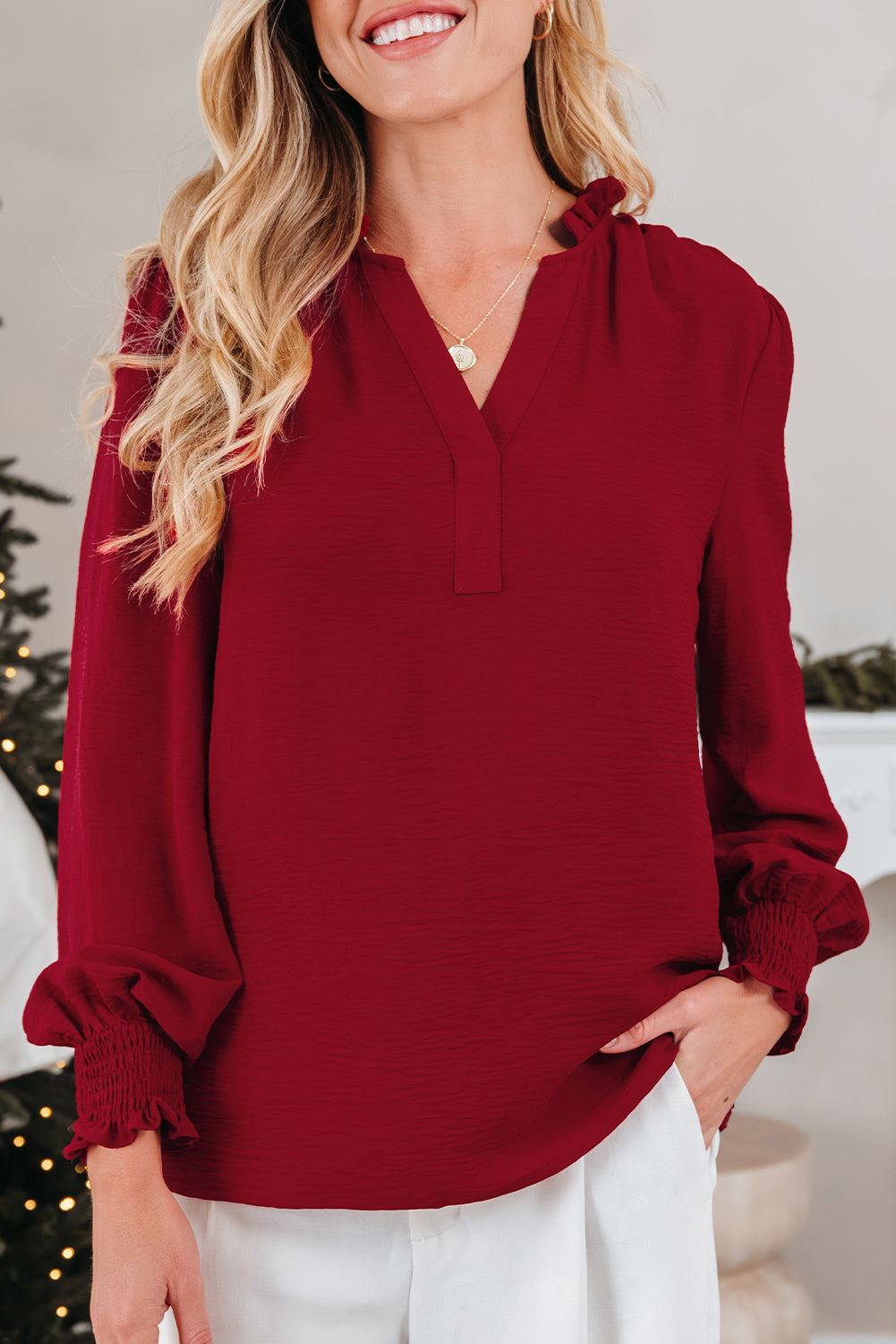 Burgundy Notched Neck Shirred Cuff Long Sleeve Blouse-Tops/Blouses & Shirts-[Adult]-[Female]-2022 Online Blue Zone Planet
