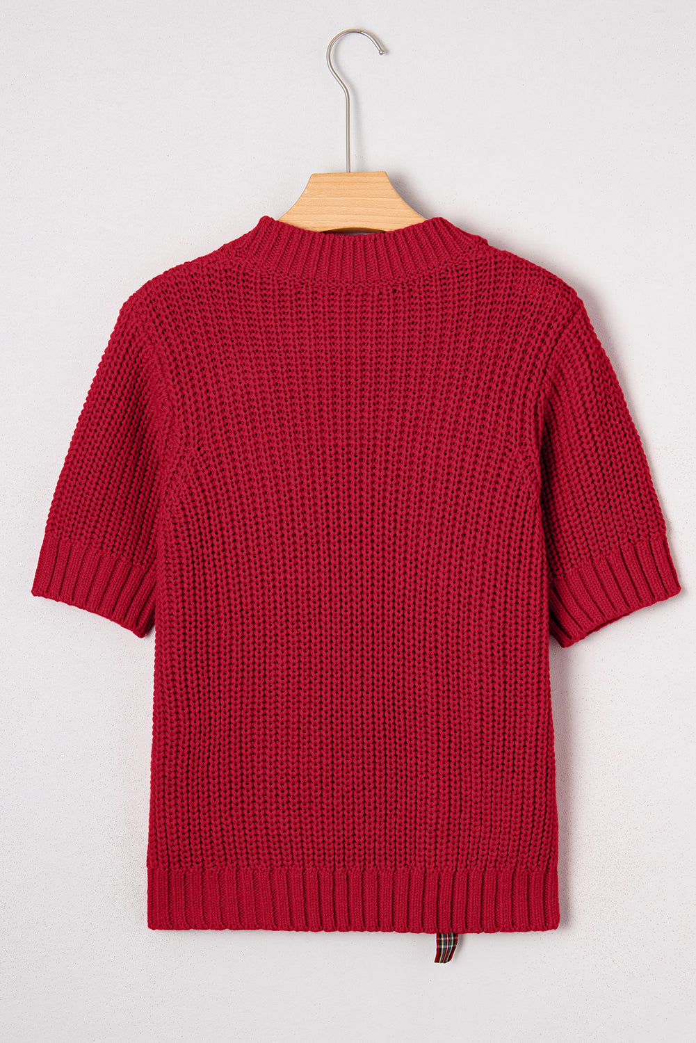 Fiery Red Plaid Lace Up Detail Christmas Holiday Puff Short Sleeve Sweater-TOPS / DRESSES-[Adult]-[Female]-2022 Online Blue Zone Planet