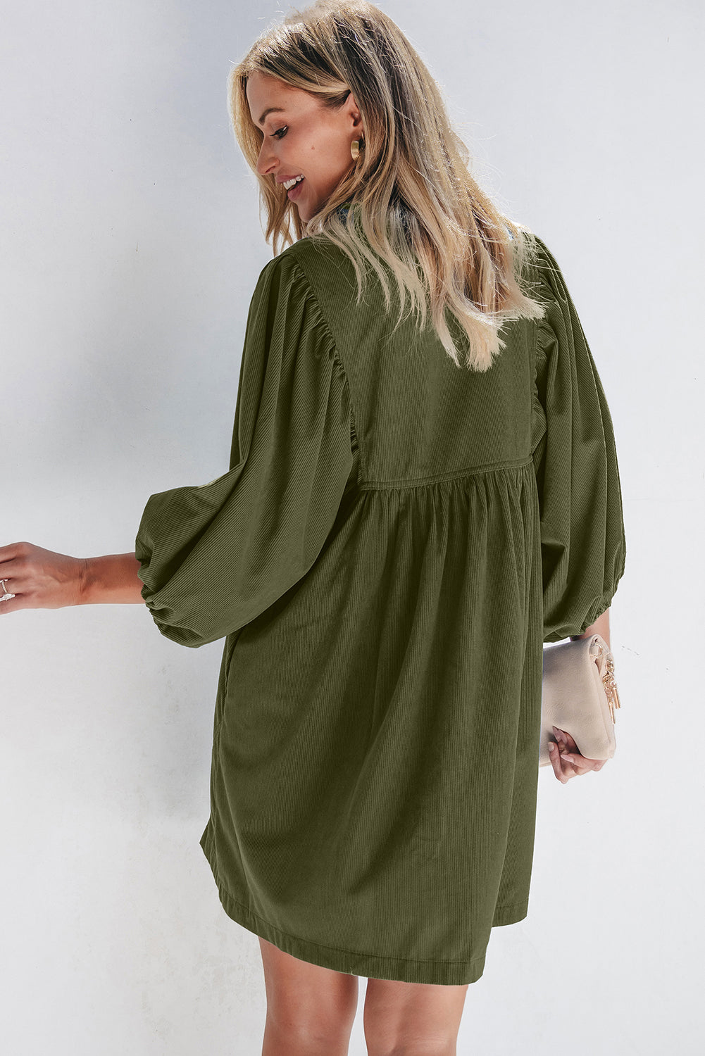 Blue Zone Planet | Vineyard Green Corduroy Snap Buttons Empire Waist Bracelet Sleeve Mini Dress-TOPS / DRESSES-[Adult]-[Female]-2022 Online Blue Zone Planet