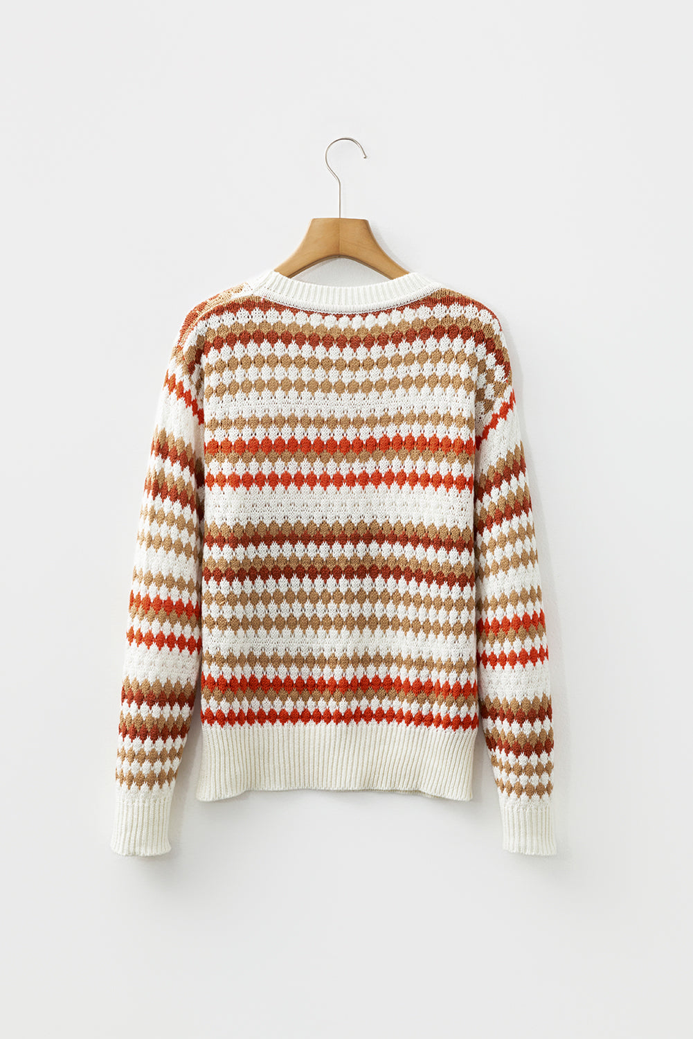 Brown Stripe Eyelet Patterned Drop Shoulder Sweater-Sweaters & Cardigans/Sweaters-[Adult]-[Female]-2022 Online Blue Zone Planet