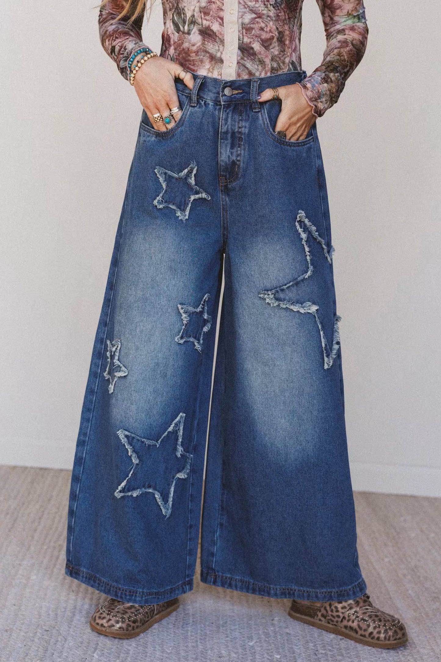 Ashleigh Blue Star Decorated Wide Leg Jeans-Bottoms/Jeans-[Adult]-[Female]-2022 Online Blue Zone Planet