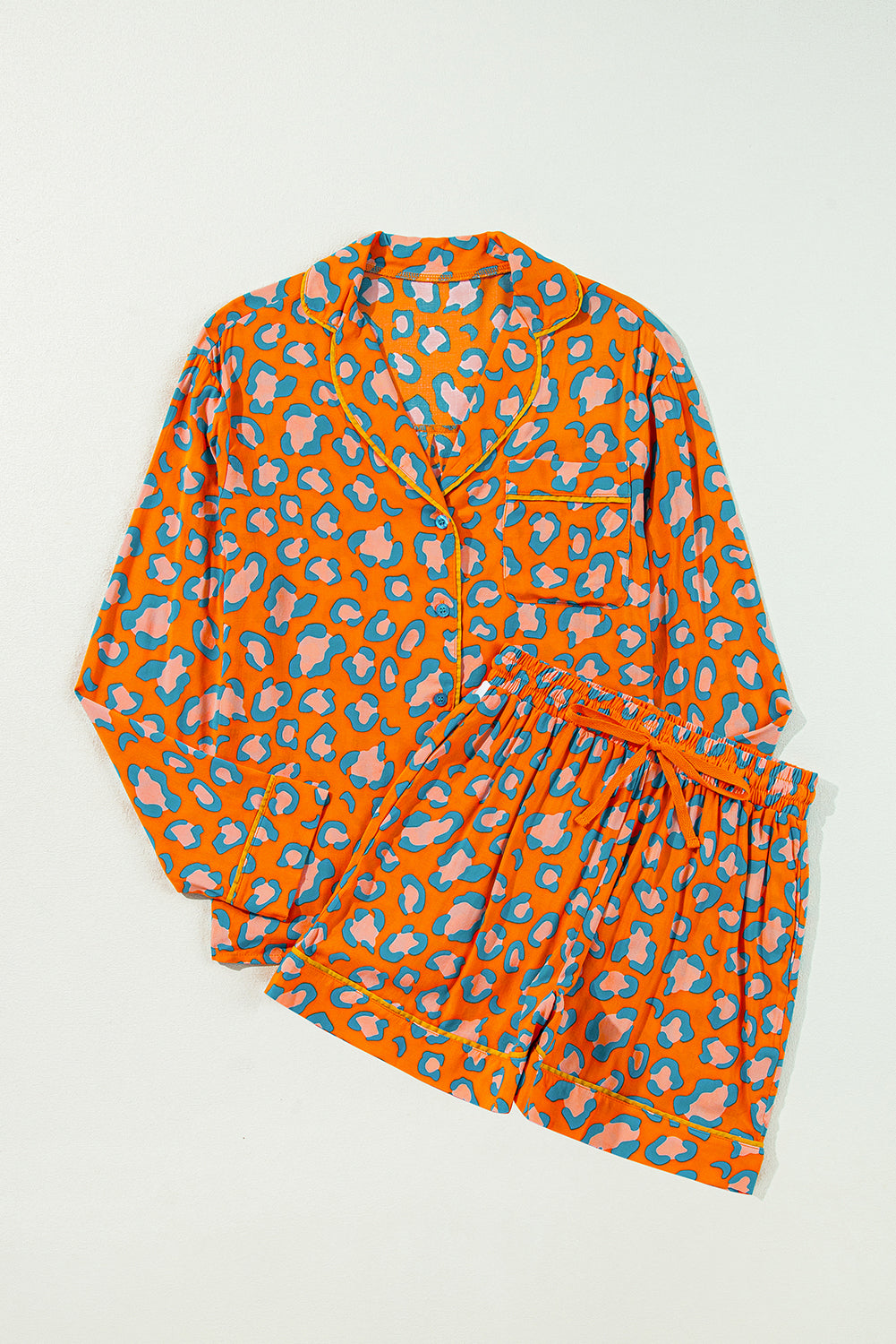 Pink Leopard Print Long Sleeve Shirt and Shorts Pajama Set-20% OFF-[Adult]-[Female]-2022 Online Blue Zone Planet