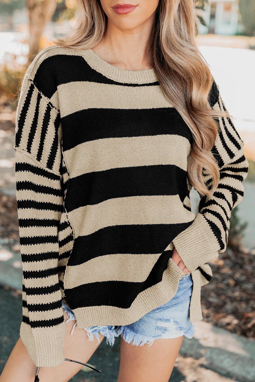Brown Stripe Drop Shoulder Sleeve Patchwork Baggy Sweater-TOPS / DRESSES-[Adult]-[Female]-Black Stripe-S-2022 Online Blue Zone Planet