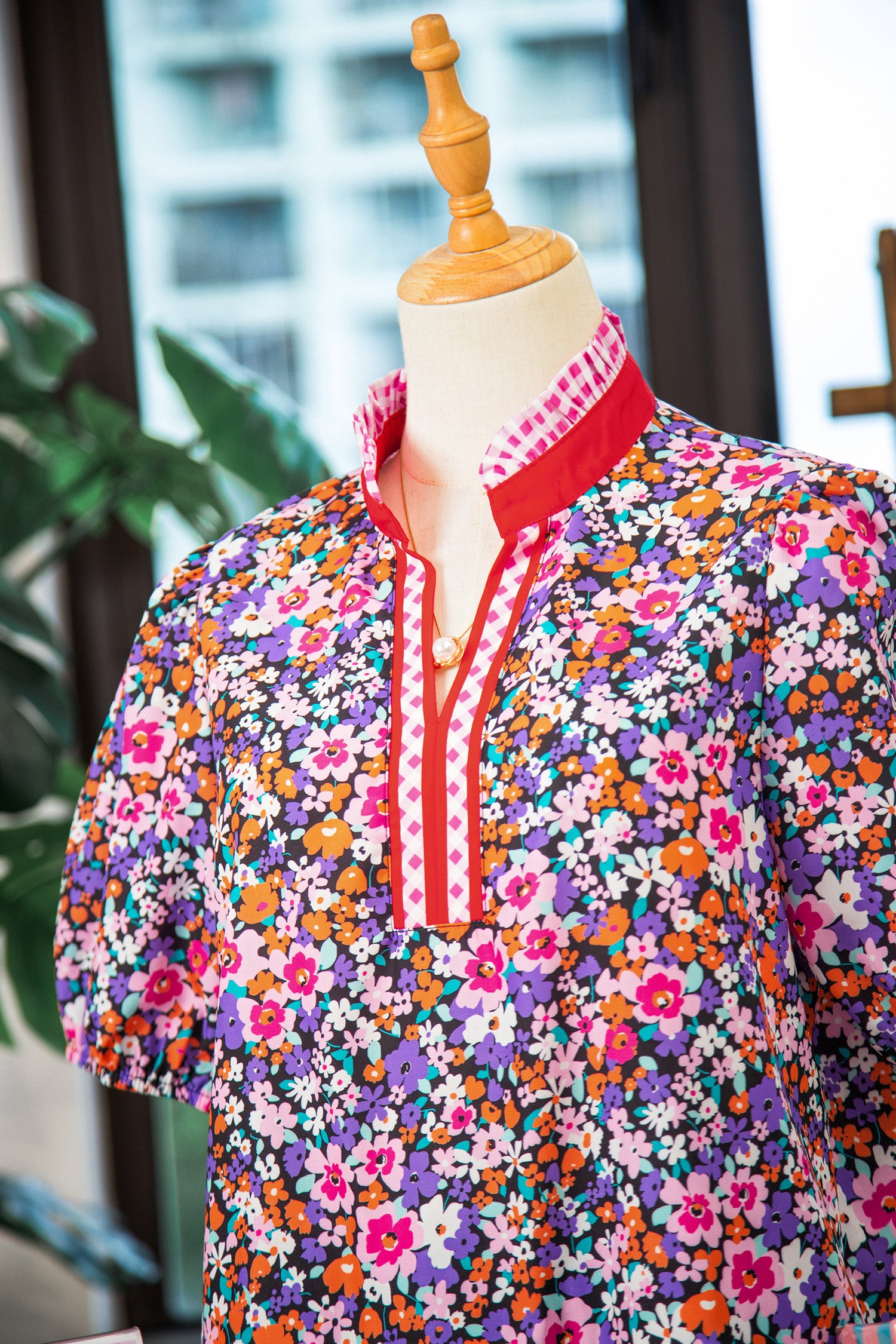 Purple Ditsy Floral Print Plaid Colorblock Trim V Neck Blouse-Tops/Blouses & Shirts-[Adult]-[Female]-2022 Online Blue Zone Planet