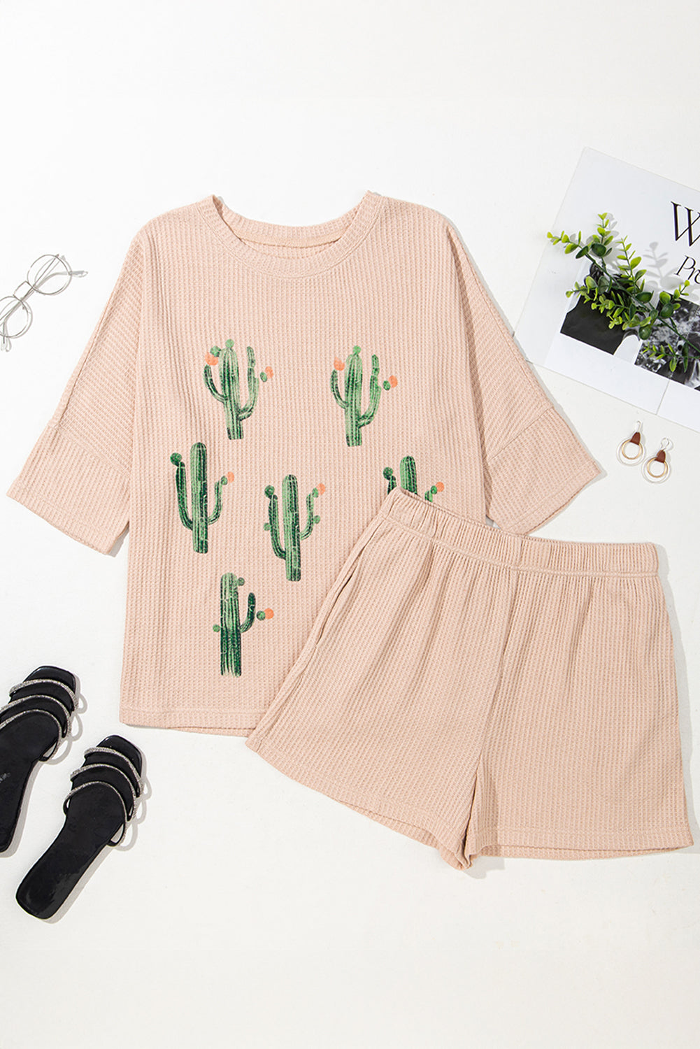 Light French Beige Cactus Forest Waffle Half Sleeve Tee Short Set-Two Piece Sets/Short Sets-[Adult]-[Female]-2022 Online Blue Zone Planet