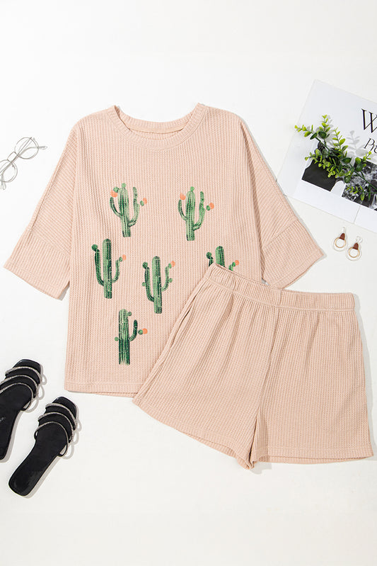 Light French Beige Cactus Forest Waffle Half Sleeve Tee Short Set-Two Piece Sets/Short Sets-[Adult]-[Female]-2022 Online Blue Zone Planet