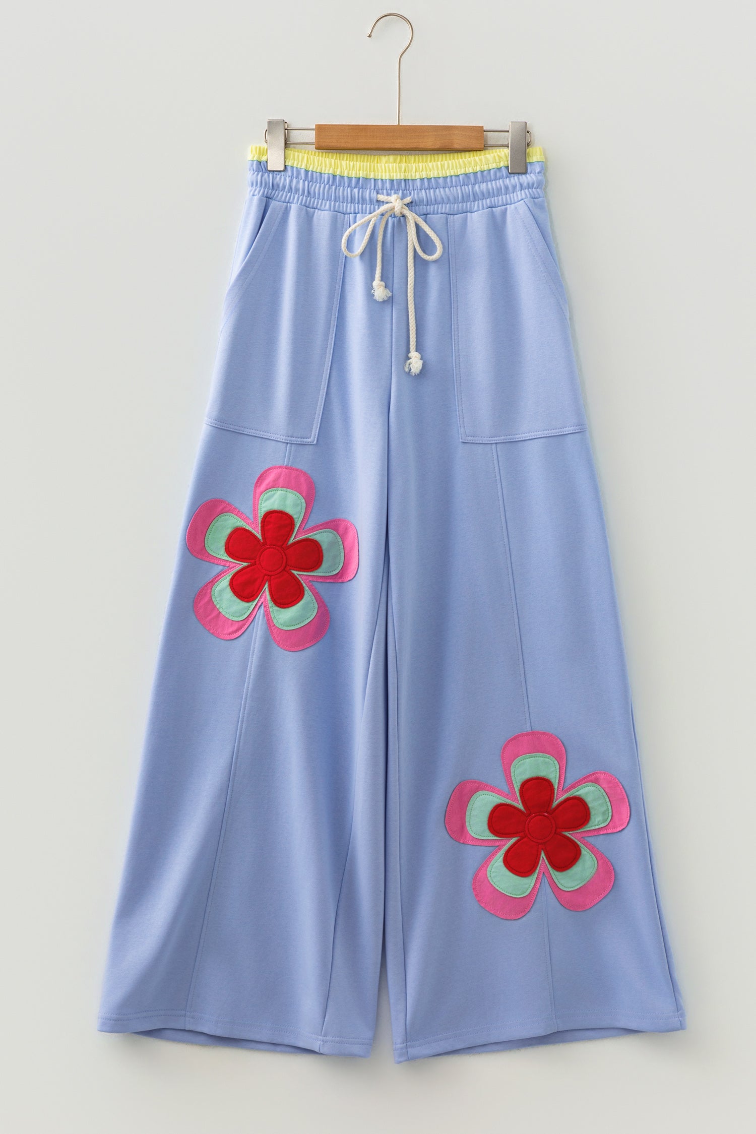 Sky Blue Color Block Flower Patchwork Drawstring Contrasted Elastic Waist Wide Leg Pants-Bottoms/Pants & Culotte-[Adult]-[Female]-2022 Online Blue Zone Planet