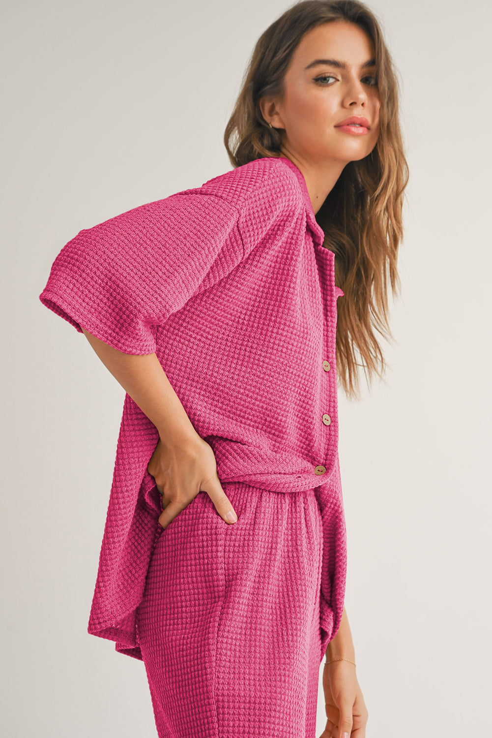 Rose Red Solid Color Textured Buttoned Shirt and Casual Pants Set-Two Piece Sets/Pant Sets-[Adult]-[Female]-2022 Online Blue Zone Planet