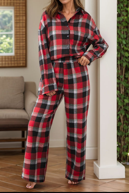 Plaid Long Sleeve Top and Pants Lounge Set-TOPS / DRESSES-[Adult]-[Female]-Scarlet-S-2022 Online Blue Zone Planet