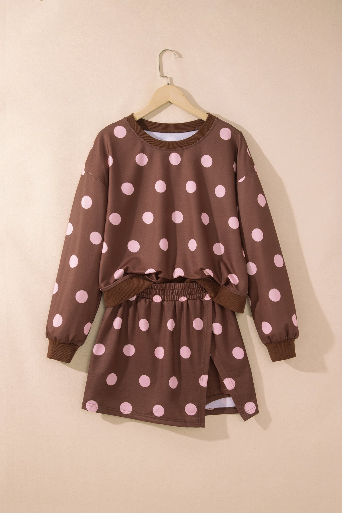 Brown Polka Dot Two Piece Set Long Sleeve Casual Skirt Set-Two Piece Sets/Two Piece Dresses-[Adult]-[Female]-2022 Online Blue Zone Planet