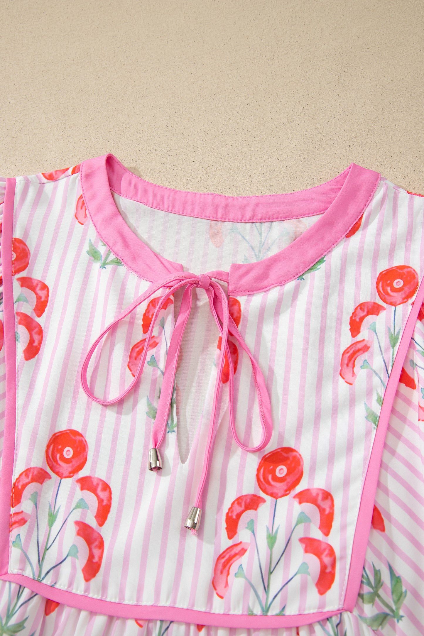 Pink Floral Striped Print Tie Notched Neck Puff Sleeve Flared Mini Dress-TOPS / DRESSES-[Adult]-[Female]-2022 Online Blue Zone Planet