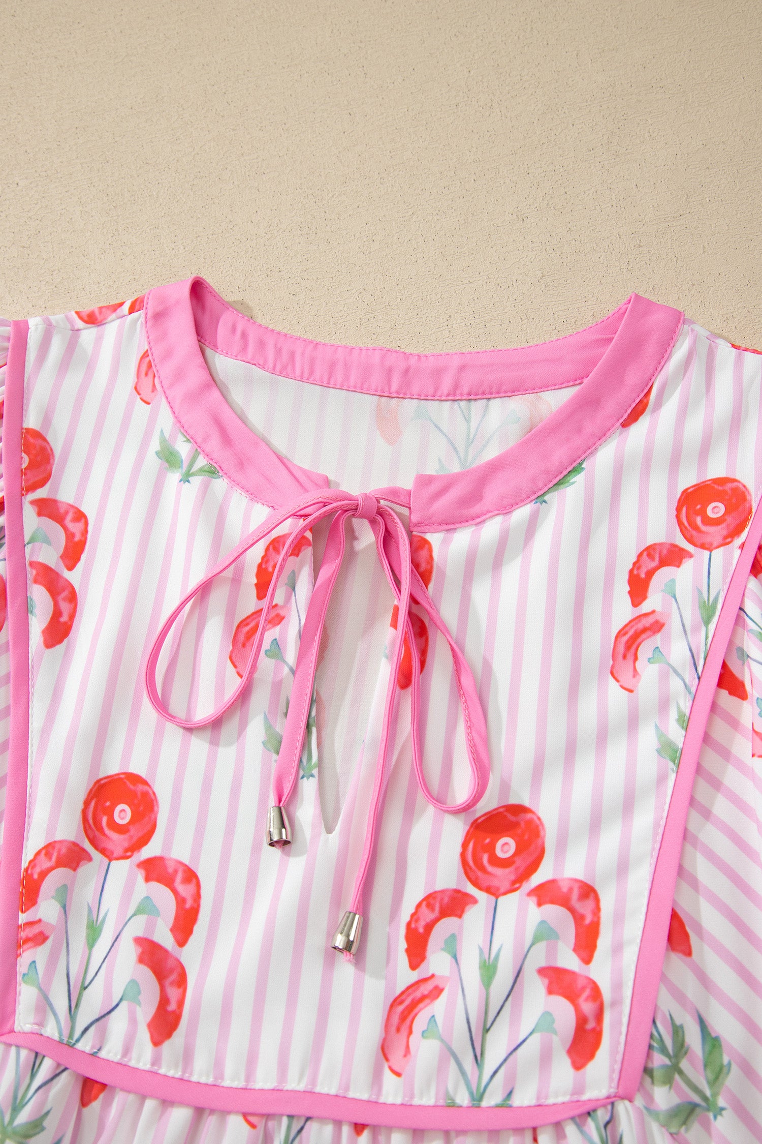 Pink Floral Striped Print Tie Notched Neck Puff Sleeve Flared Mini Dress-TOPS / DRESSES-[Adult]-[Female]-2022 Online Blue Zone Planet