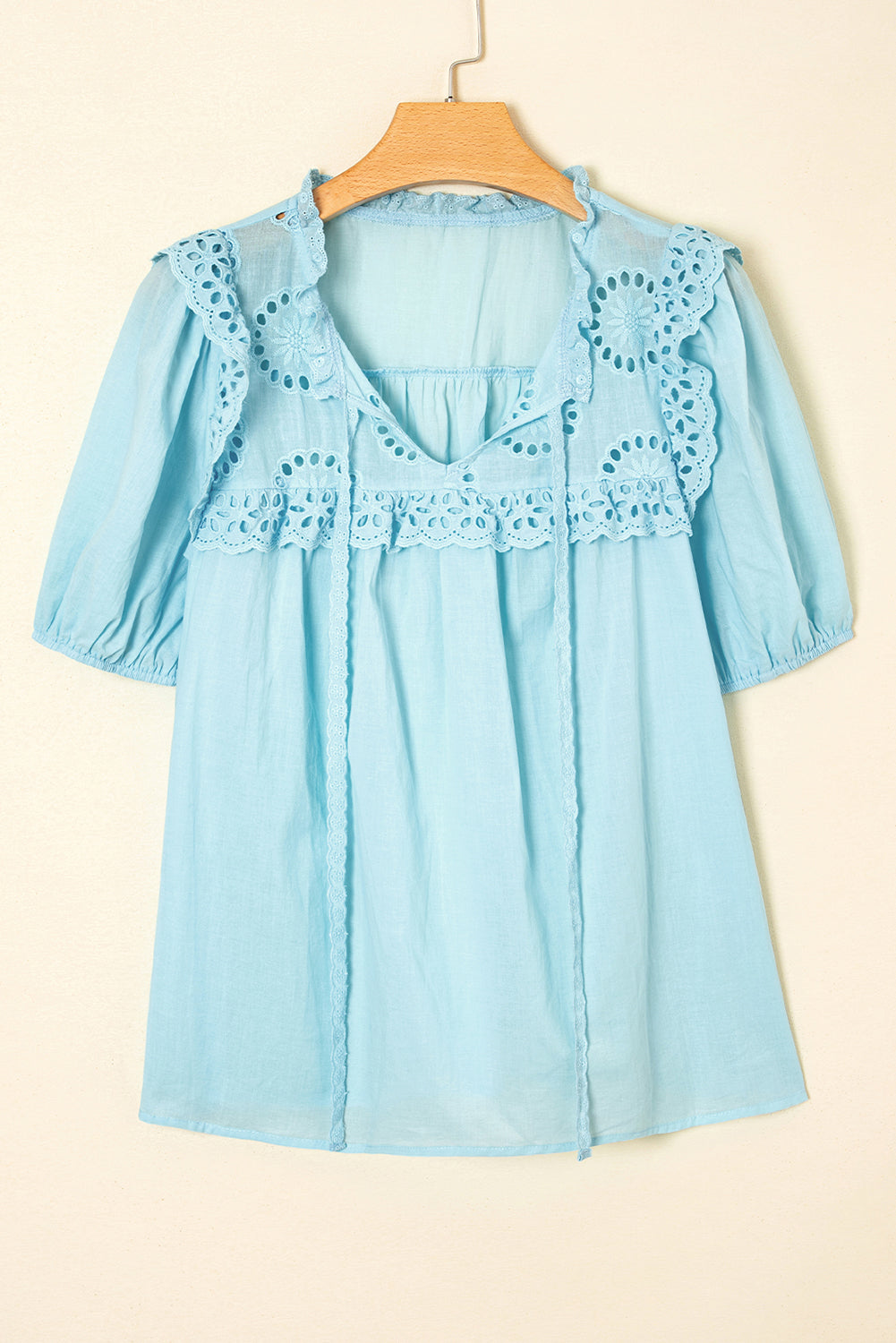 Mist Blue Embroidered Lace Patchwork Tie Neck Puff Short Sleeve Blouse-Tops/Blouses & Shirts-[Adult]-[Female]-2022 Online Blue Zone Planet