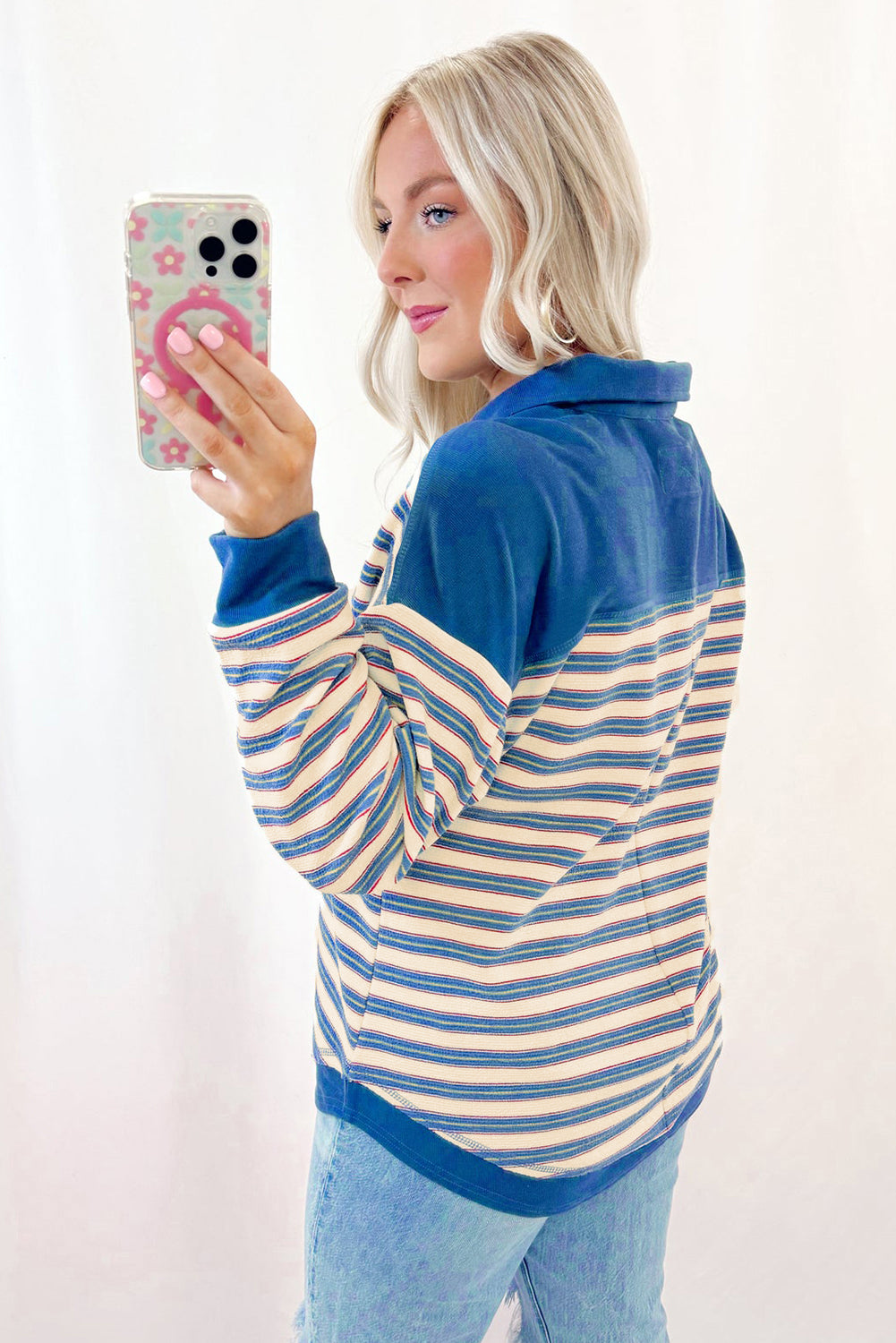 Blue Zone Planet |  Blue Stripe Buttoned V Neck Collared Drop Shoulder Top