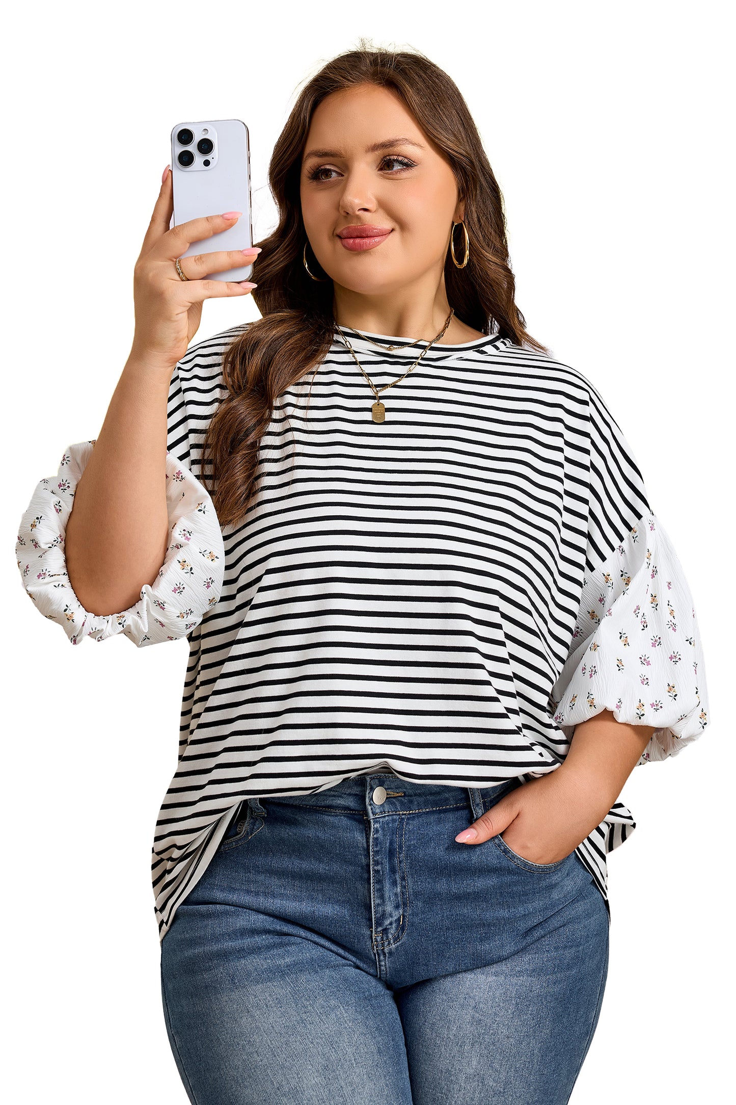 Black Stripe Plus Size Striped Short Sleeve Top With Floral Puff Sleeves-Plus Size/Plus Size Tops/Plus Size Blouses & Shirts-[Adult]-[Female]-2022 Online Blue Zone Planet
