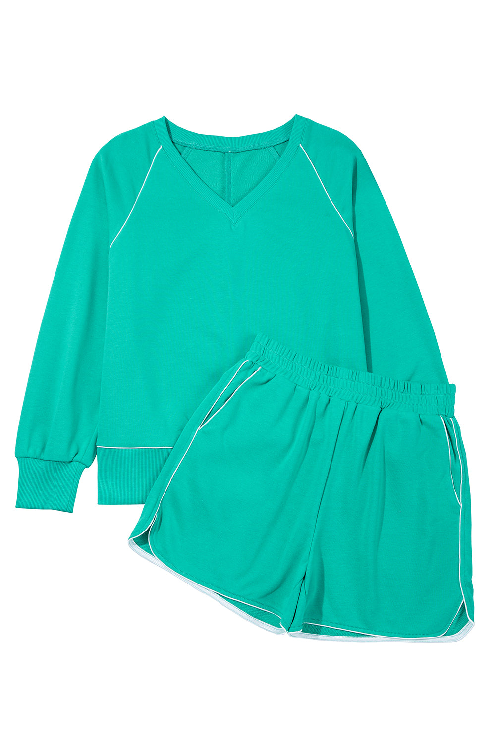 Dark Green Colorblock Trim V Neck Pullover Top and Shorts Set-Two Piece Sets/Short Sets-[Adult]-[Female]-2022 Online Blue Zone Planet