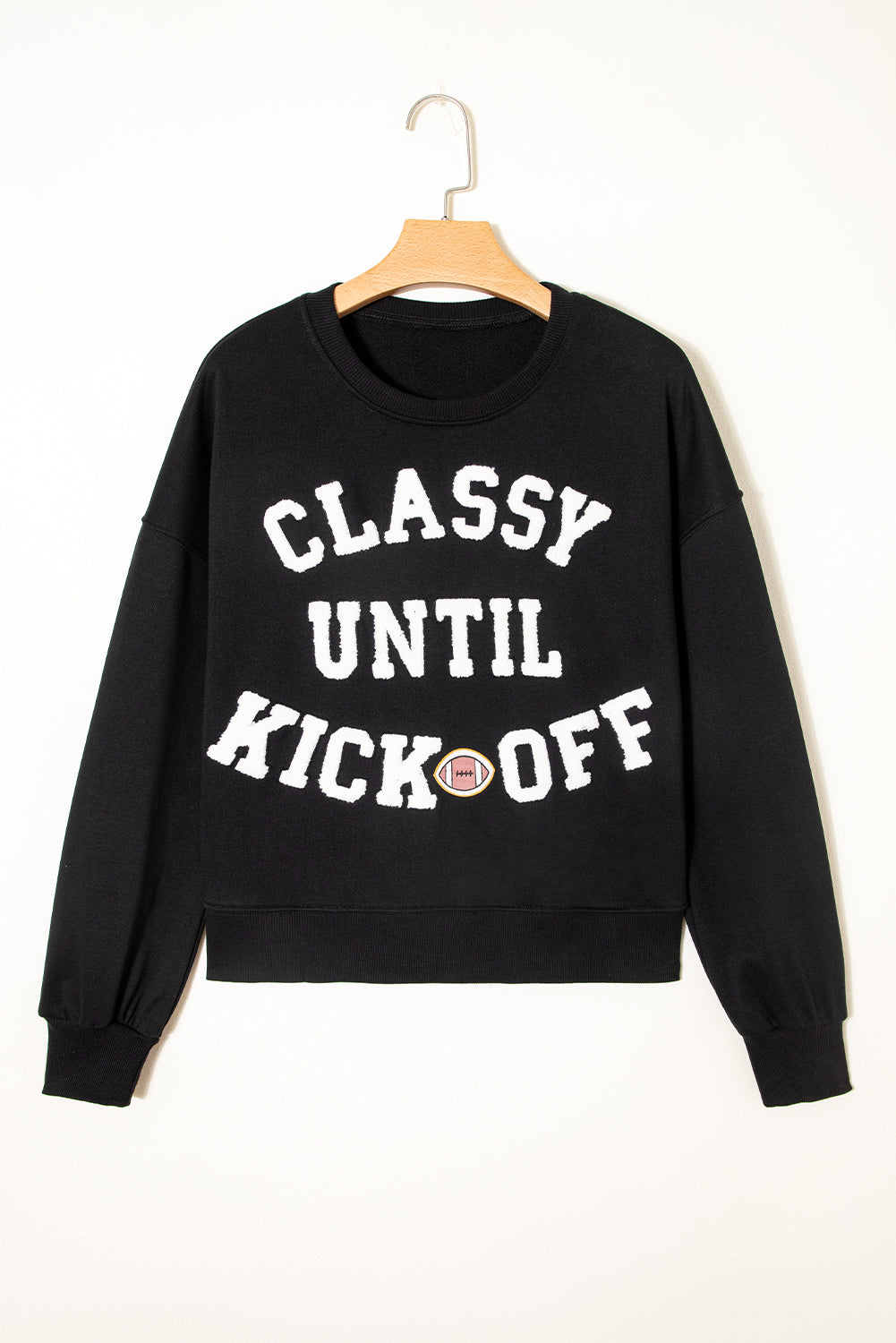 Black Classy Until Kickoff Plush Letter Patched Loose Sweatshirt-Tops/Sweatshirts & Hoodies-[Adult]-[Female]-2022 Online Blue Zone Planet