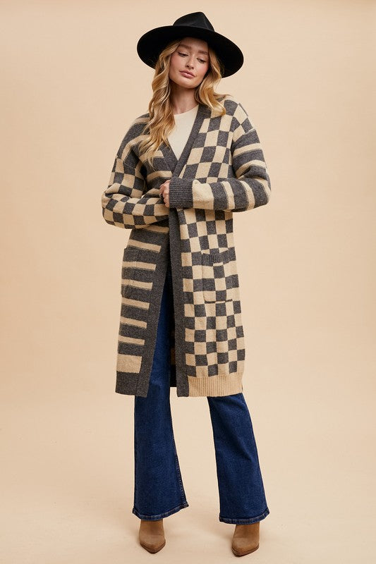 Annie Wear Checkered & Striped Open Front Long Sleeve Cardigan-TOPS / DRESSES-[Adult]-[Female]-2022 Online Blue Zone Planet