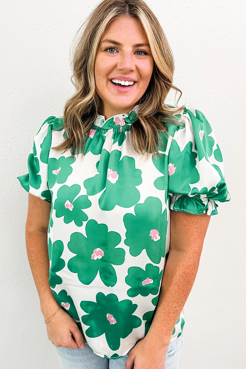 Green Floral Puff Sleeve Frill Neckline Blouse-Tops/Blouses & Shirts-[Adult]-[Female]-2022 Online Blue Zone Planet