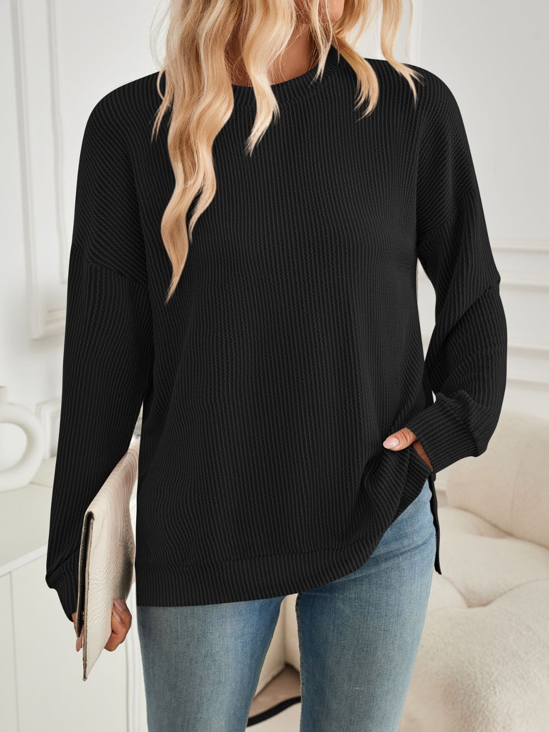 Blue Zone Planet | Lovelet Slit Round Neck Long Sleeve Sweatshirt-TOPS / DRESSES-[Adult]-[Female]-Black-S-2022 Online Blue Zone Planet