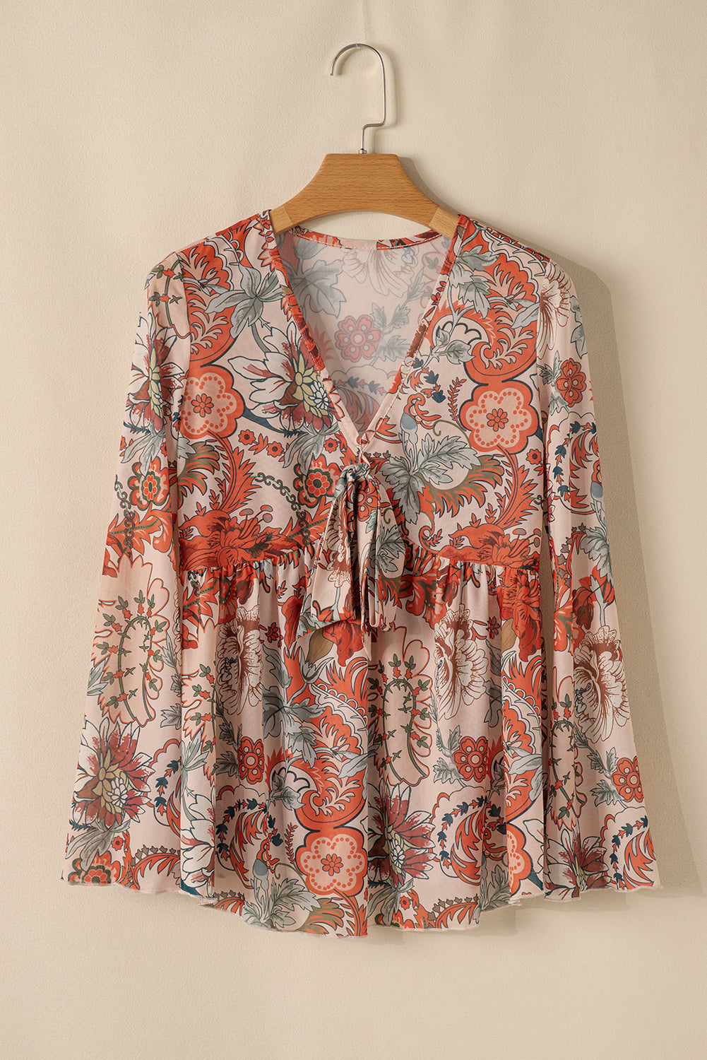 Orange Floral Bell Sleeve Pleated Blouse-Blouses-[Adult]-[Female]-2022 Online Blue Zone Planet