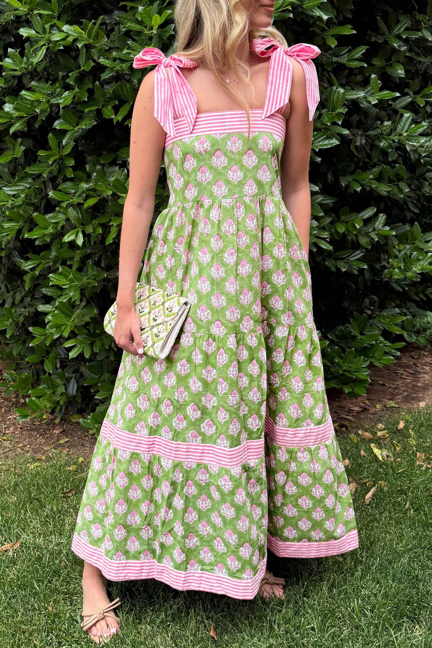 Green Floral Print Striped Detail Knot Straps Maxi Dress-Dresses/Floral Dresses-[Adult]-[Female]-Green-S-2022 Online Blue Zone Planet