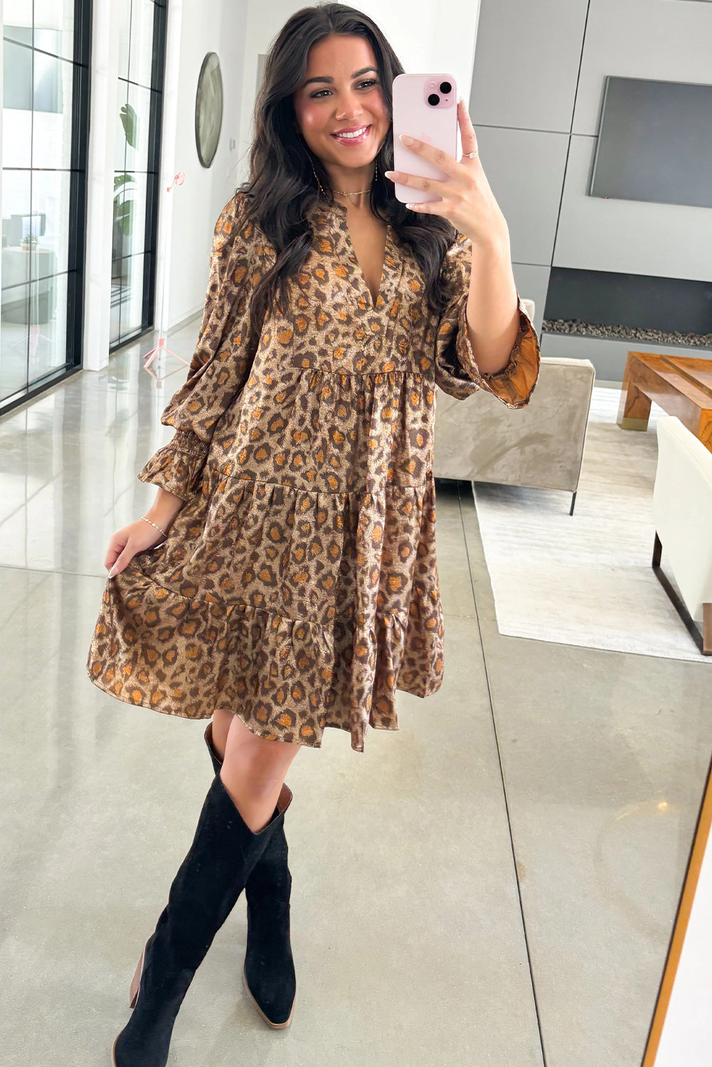 Khaki Leopard Print V Neck Ruffled Sleeve Tiered Loose Mini Dress-TOPS / DRESSES-[Adult]-[Female]-2022 Online Blue Zone Planet