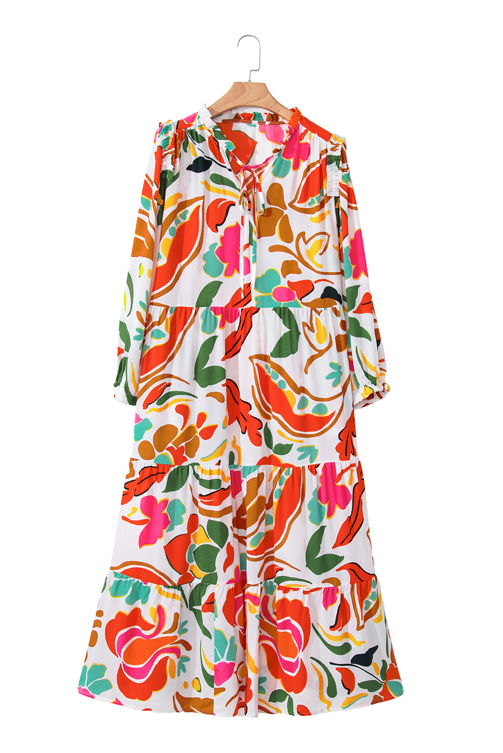 Orange Floral Print Drawstring V Neck Tiered Plus Size Dress-TOPS / DRESSES-[Adult]-[Female]-2022 Online Blue Zone Planet