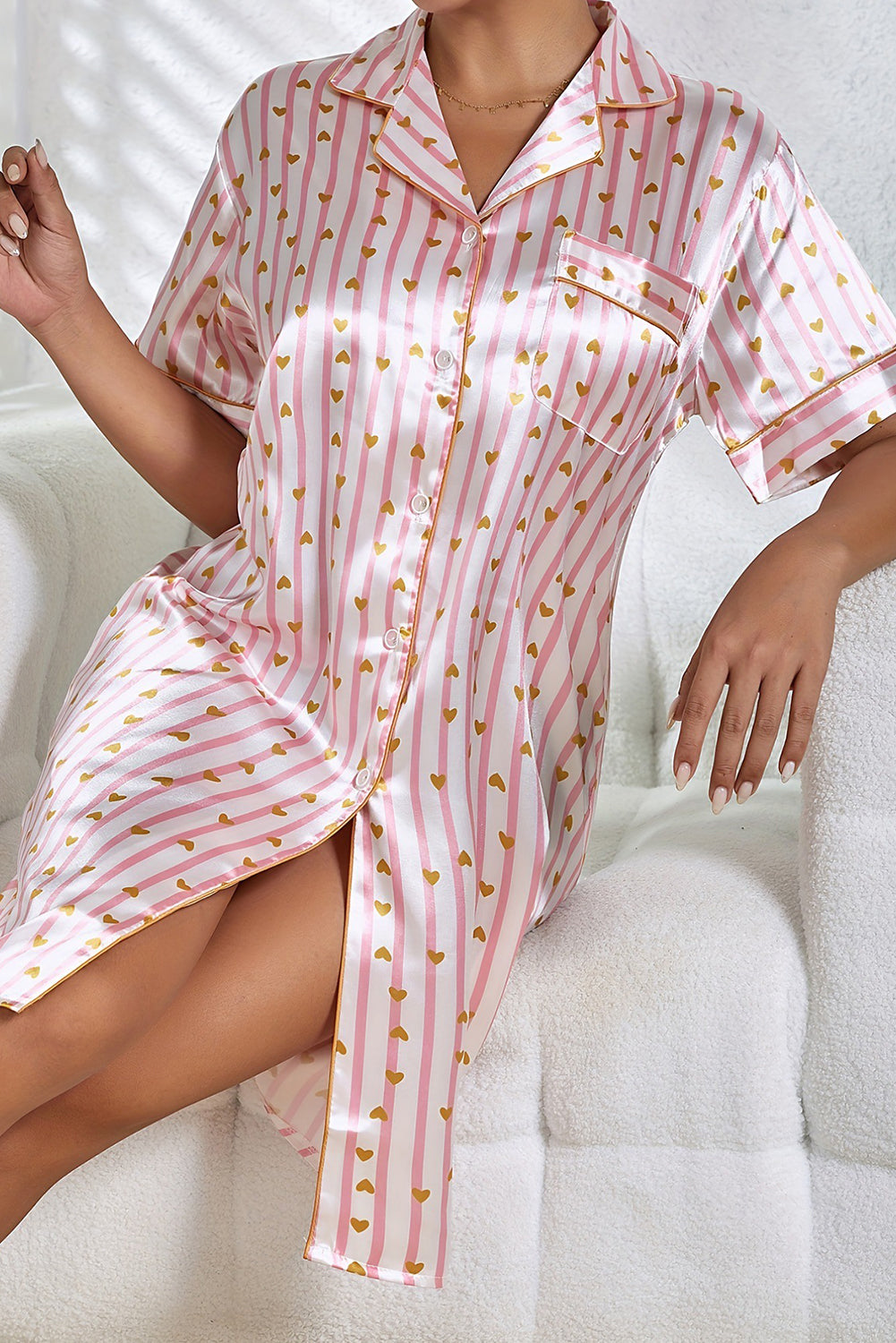 Pink Heart Print Striped Short Sleeve Button Up Pajama Dress-Loungewear Set-[Adult]-[Female]-2022 Online Blue Zone Planet