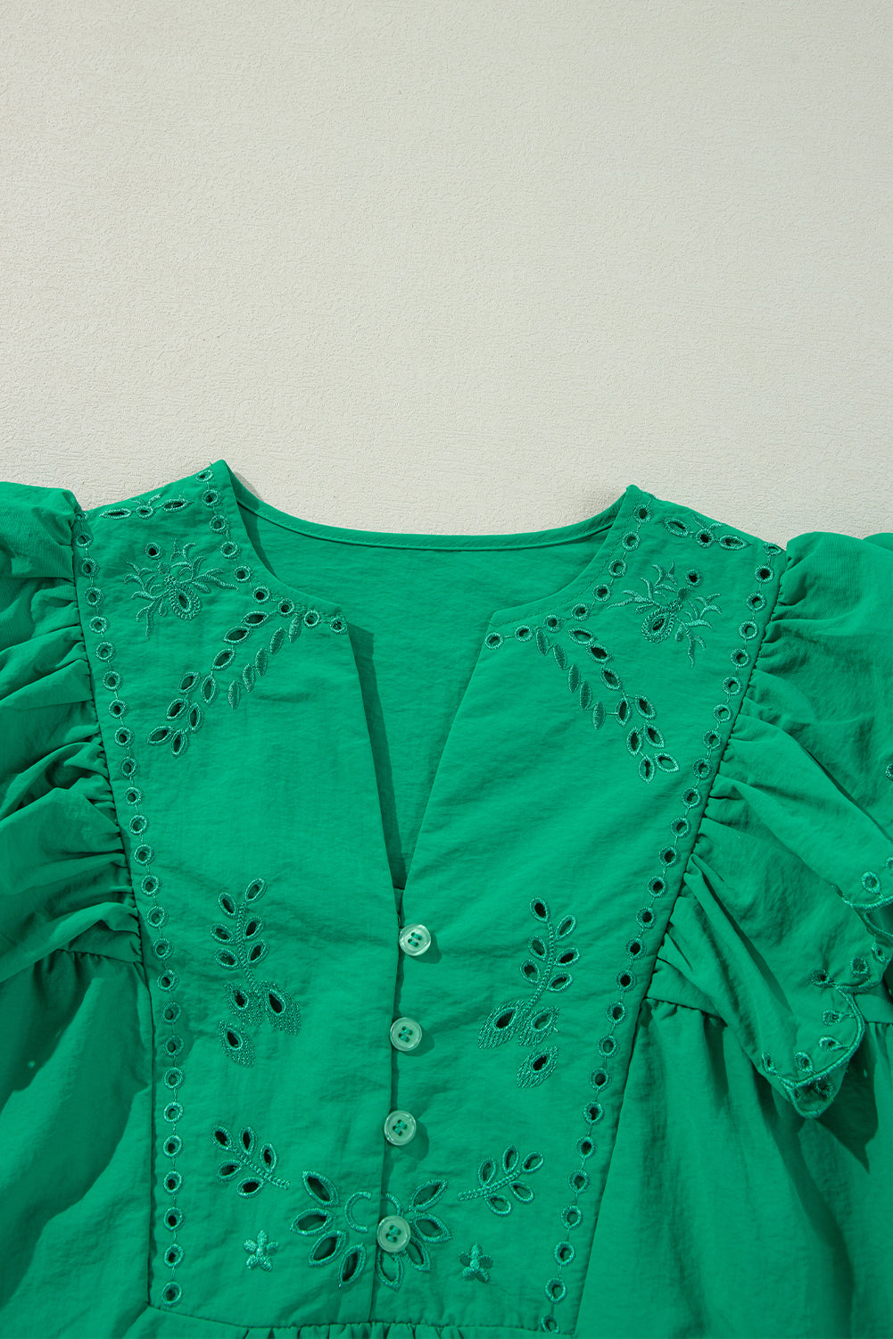 Blue Zone Planet | Bright Green Embroidered Ruffled Trim 3/4 Sleeve V Neck Mini Dress-TOPS / DRESSES-[Adult]-[Female]-2022 Online Blue Zone Planet