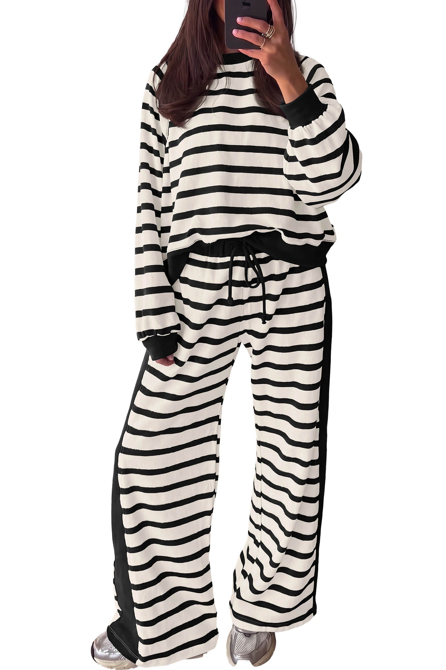 Beige Stripe Relaxed Long Sleeve Top Color Block Detail Drawstring Pant Set-Two Piece Sets/Pant Sets-[Adult]-[Female]-2022 Online Blue Zone Planet