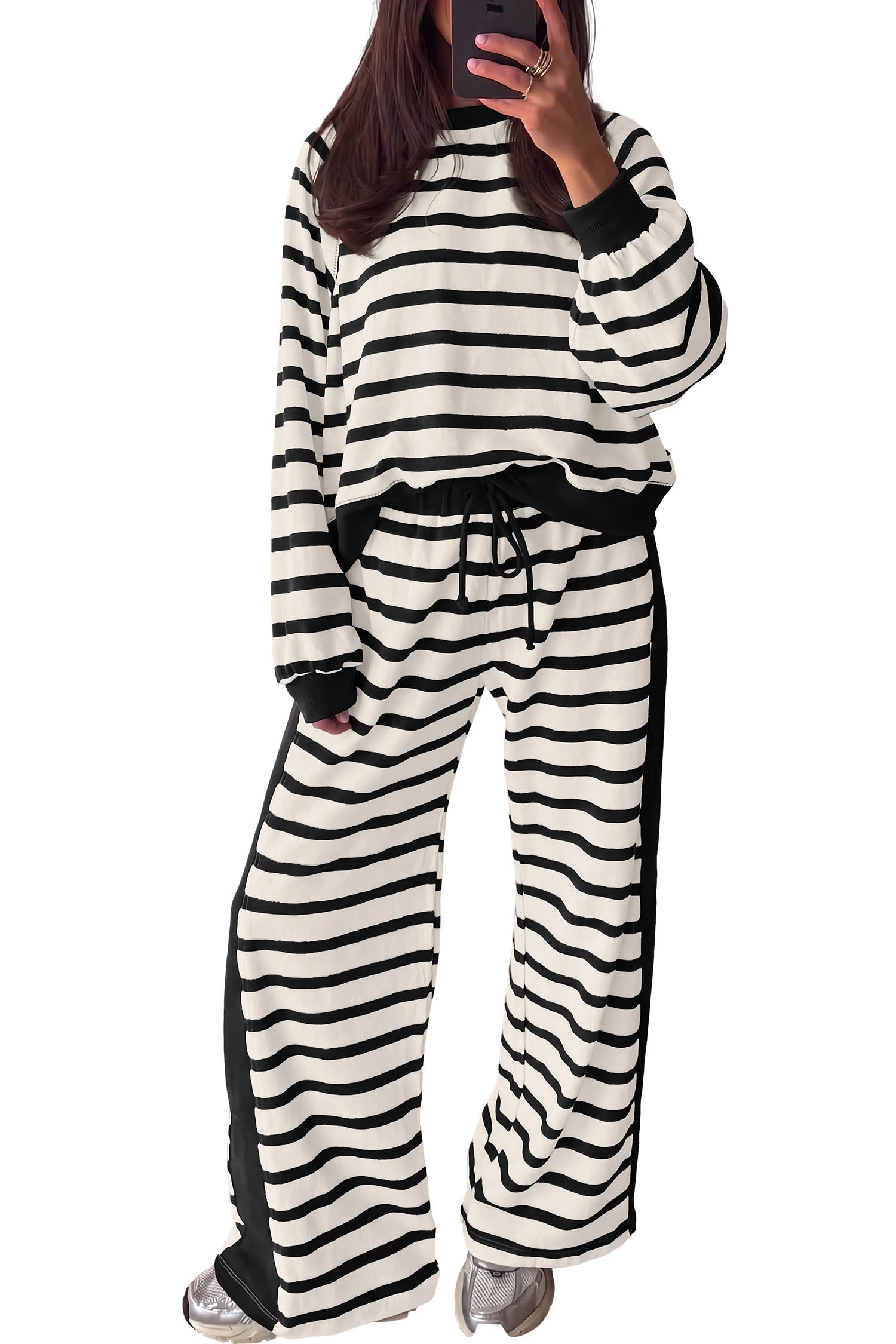 Beige Stripe Relaxed Long Sleeve Top Color Block Detail Drawstring Pant Set-Two Piece Sets/Pant Sets-[Adult]-[Female]-2022 Online Blue Zone Planet