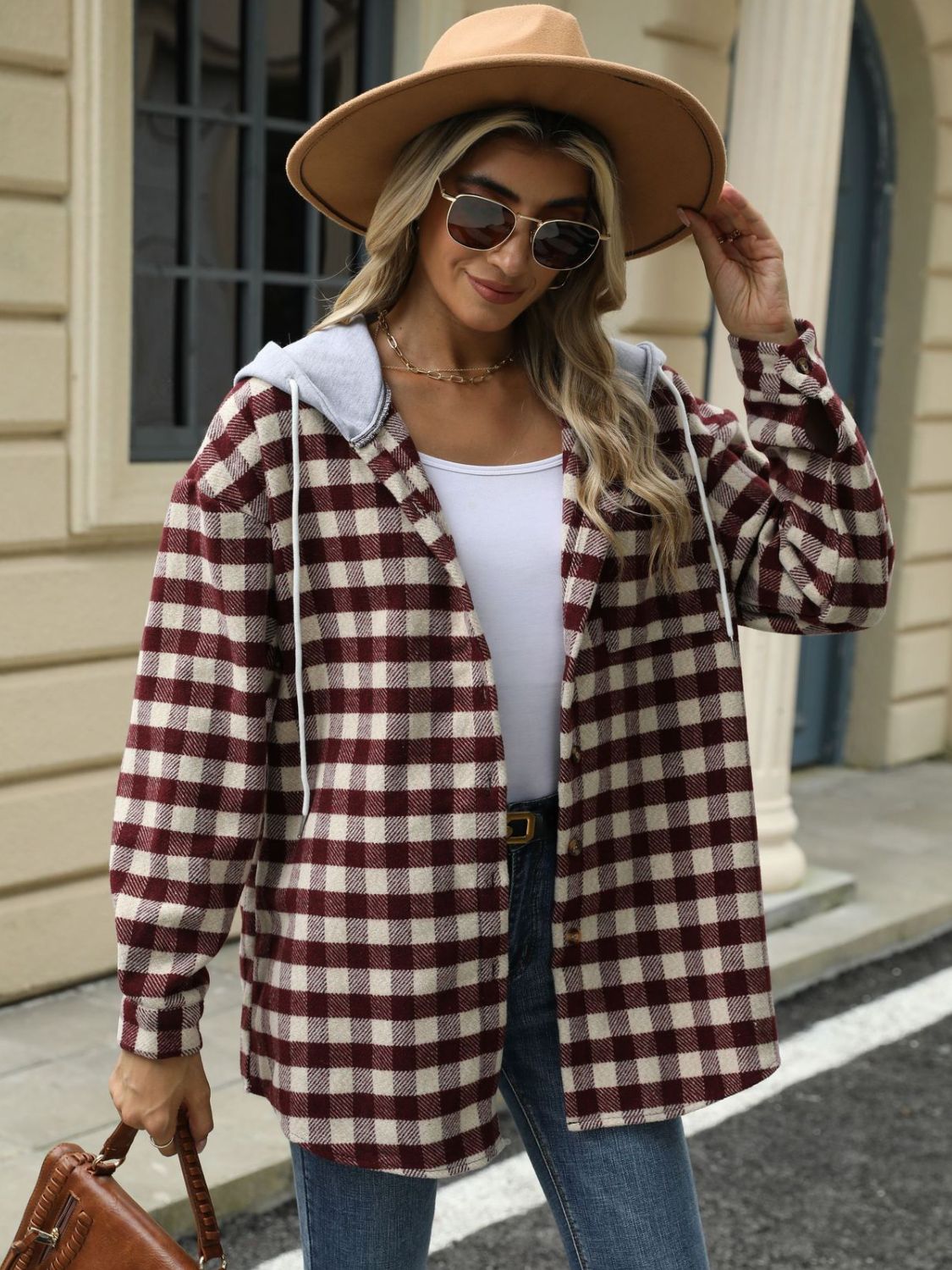 Drawstring Plaid Long Sleeve Hooded Jacket-TOPS / DRESSES-[Adult]-[Female]-2022 Online Blue Zone Planet