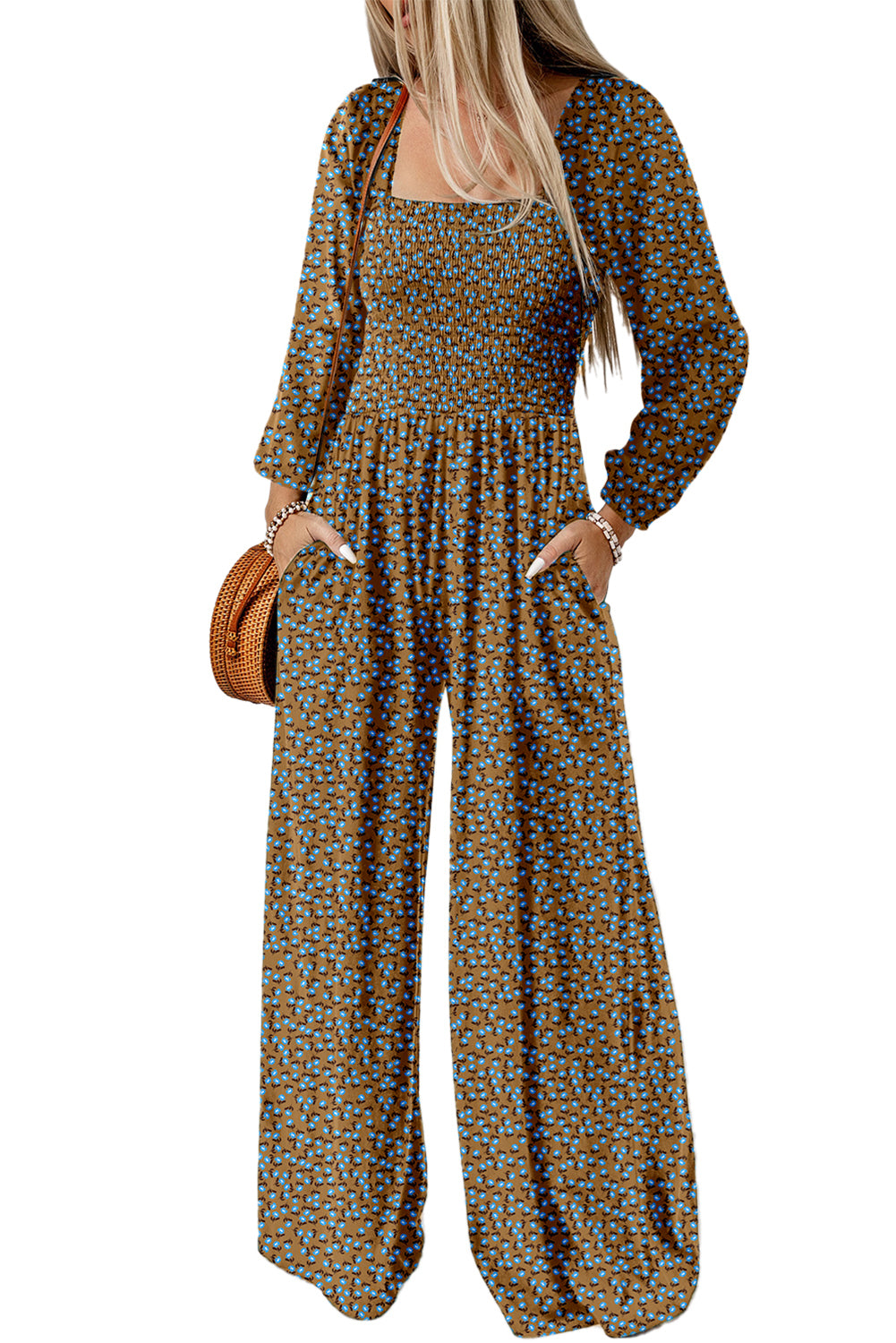 Green Floral Print Western Smocked Bodice Square Neck Wide Leg Jumpsuit-Bottoms/Jumpsuits & Rompers-[Adult]-[Female]-2022 Online Blue Zone Planet
