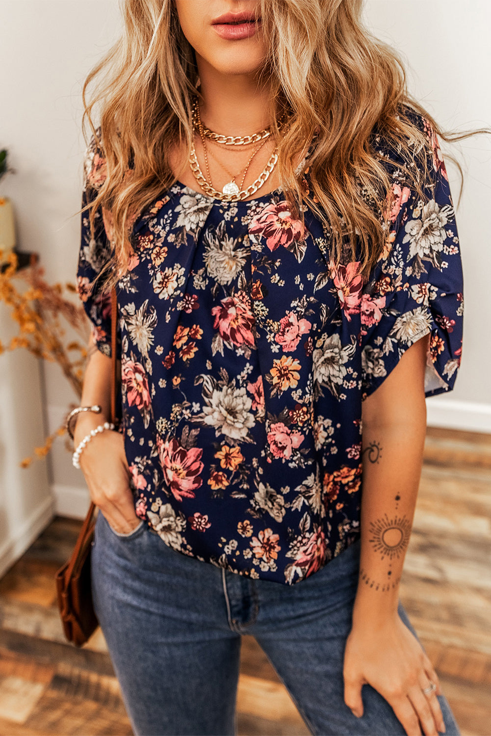 Blue Floral Short Sleeve Scoop Neck Casual Blouse-Tops/Blouses & Shirts-[Adult]-[Female]-Blue-S-2022 Online Blue Zone Planet