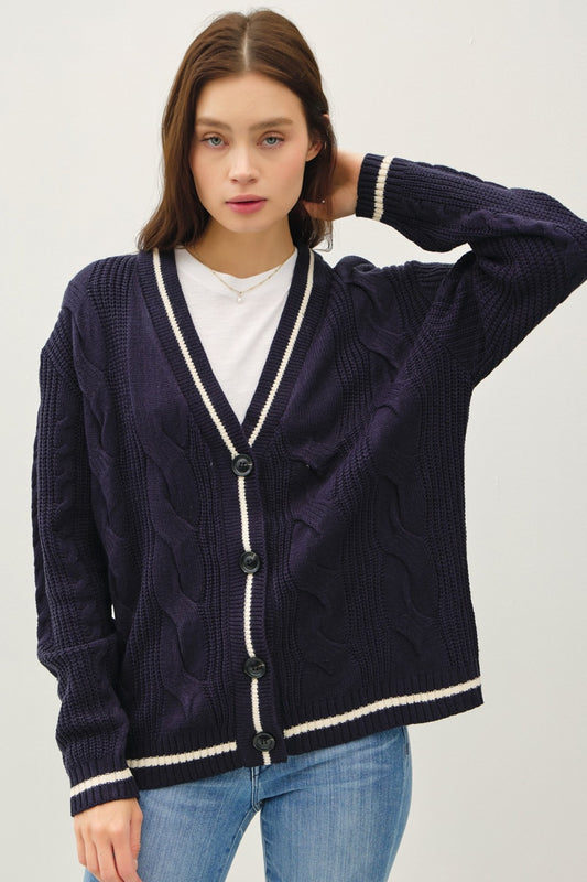 Blue Zone Planet | Be Cool Contrast Trim Cable-Knit V-Neck Cardigan-TOPS / DRESSES-[Adult]-[Female]-Navy-S/M-2022 Online Blue Zone Planet