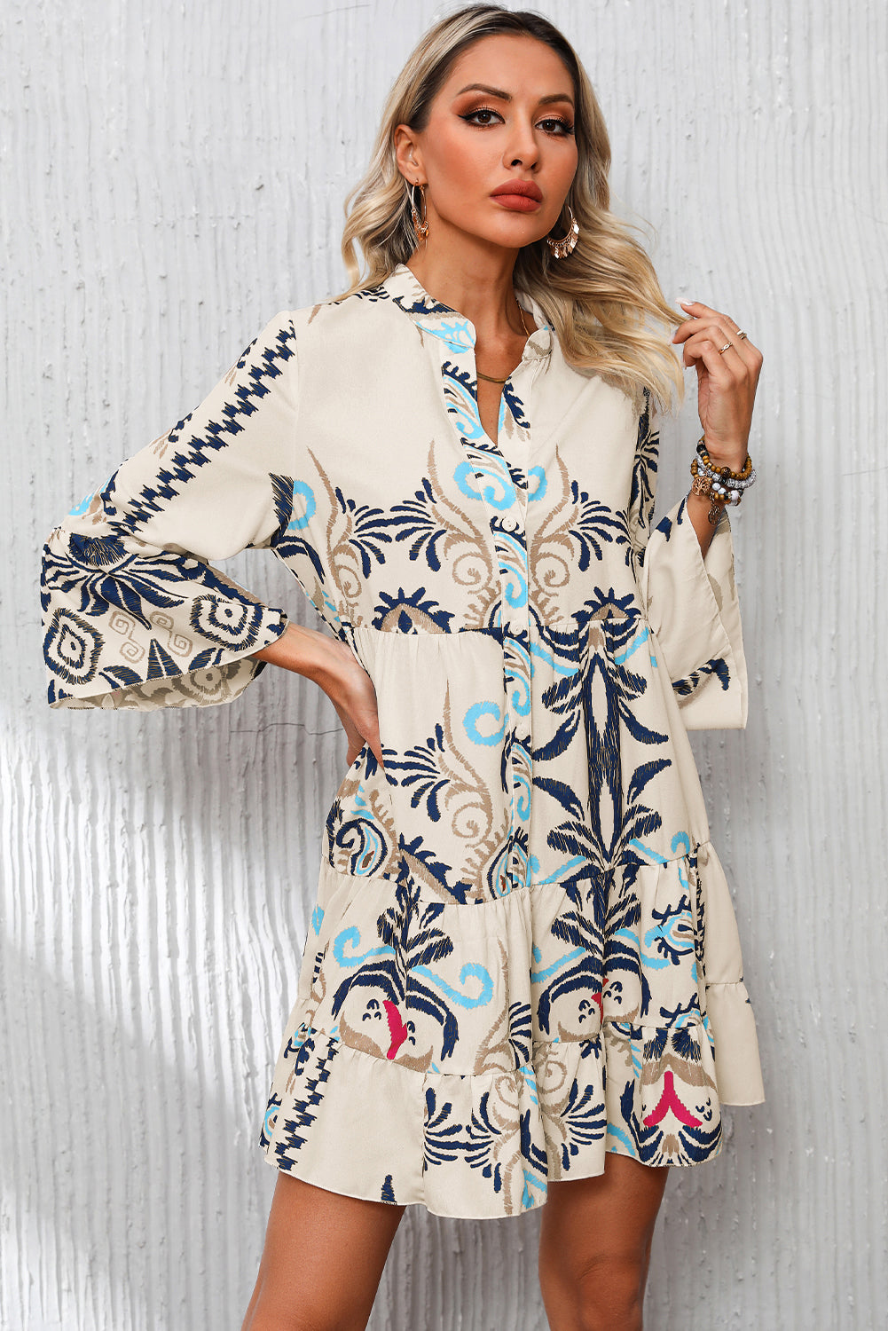 Blue Zone Planet | White Printed Tribal Print Bracelet Sleeve Buttoned Mini Dress-Bracelet-[Adult]-[Female]-2022 Online Blue Zone Planet