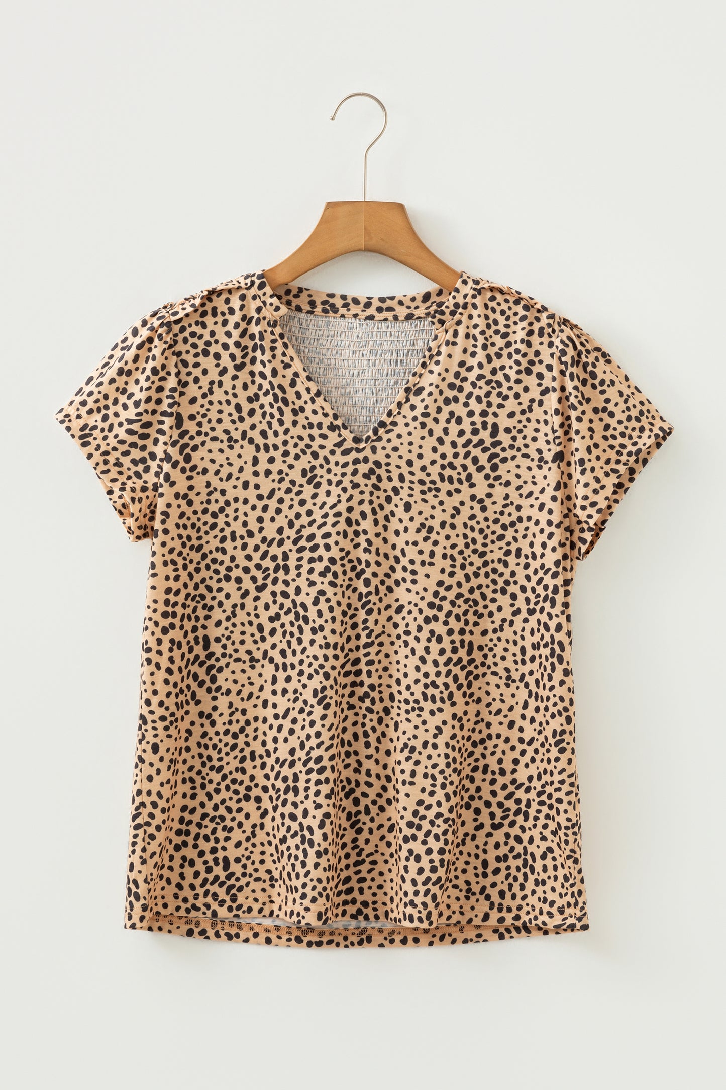 Apricot Cheeath Print Frilled V Neck Shirred Detail Short Sleeve Blouse-Tops/Blouses & Shirts-[Adult]-[Female]-2022 Online Blue Zone Planet