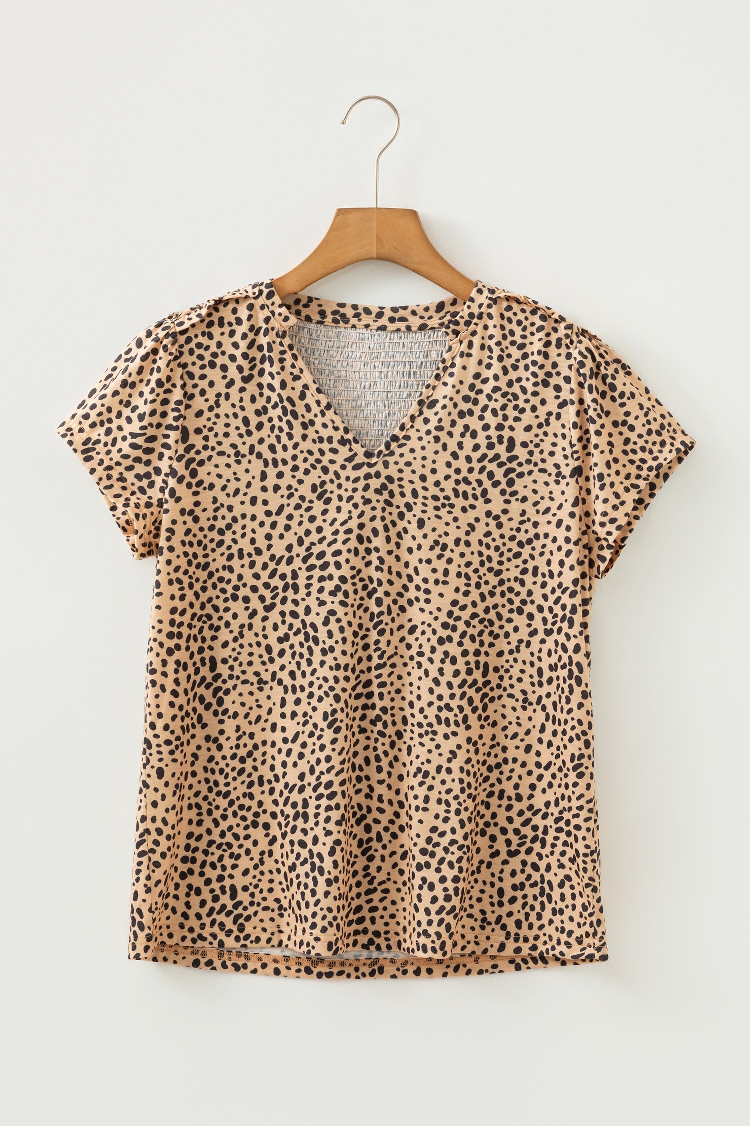 Apricot Cheeath Print Frilled V Neck Shirred Detail Short Sleeve Blouse-Tops/Blouses & Shirts-[Adult]-[Female]-2022 Online Blue Zone Planet