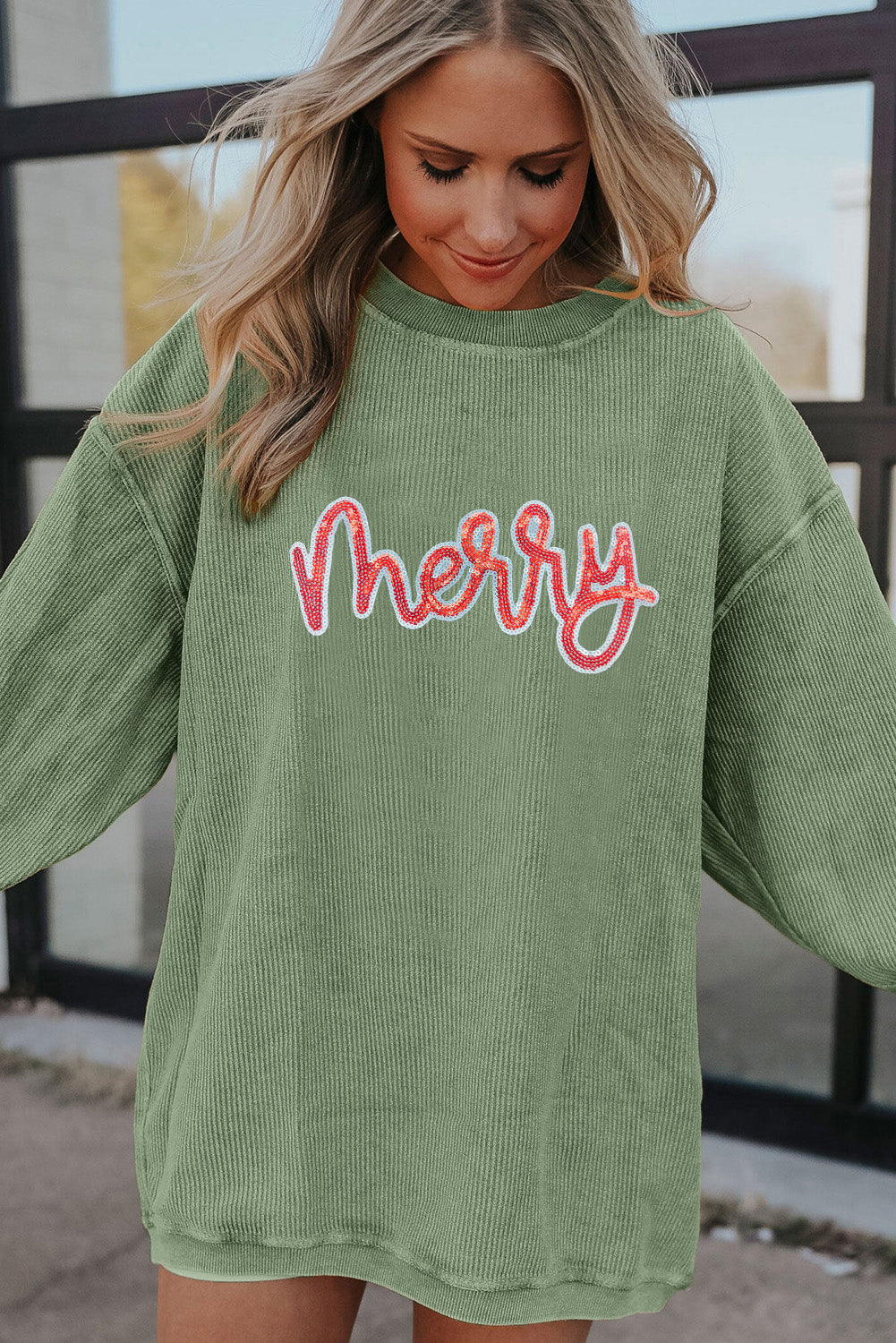 Grass Green Sequined merry Letter Graphic Twisted Ribbed Baggy Sweatshirt-Graphic/Graphic Sweatshirts-[Adult]-[Female]-2022 Online Blue Zone Planet