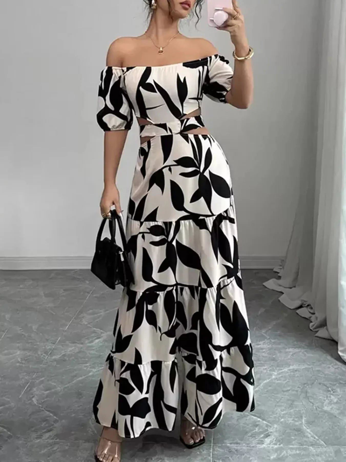 Lissa's Off-Shoulder Cutout Leaf Print Maxi Dress Blue / S