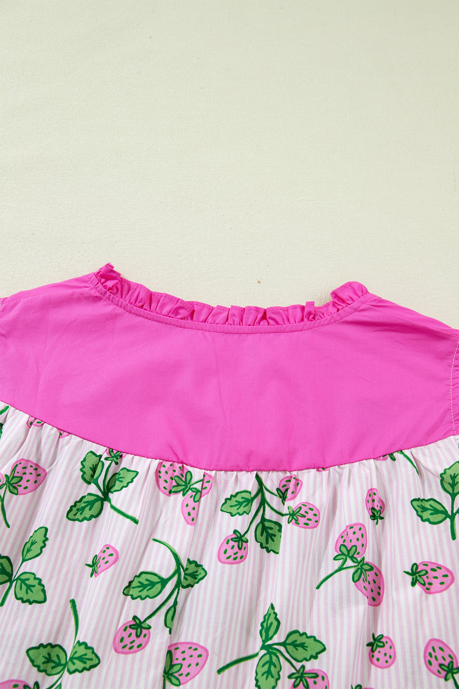 Pink Striped Strawberry Printed Color Block Patchwork V Neck Flutter Sleeve Blouse-Tops/Blouses & Shirts-[Adult]-[Female]-2022 Online Blue Zone Planet