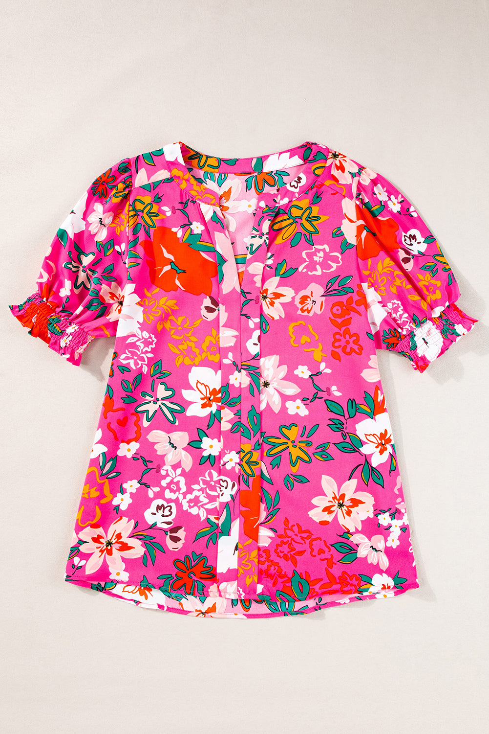 Rose Floral Printed Split V Neck Puff Sleeve Blouse-Tops/Blouses & Shirts-[Adult]-[Female]-2022 Online Blue Zone Planet