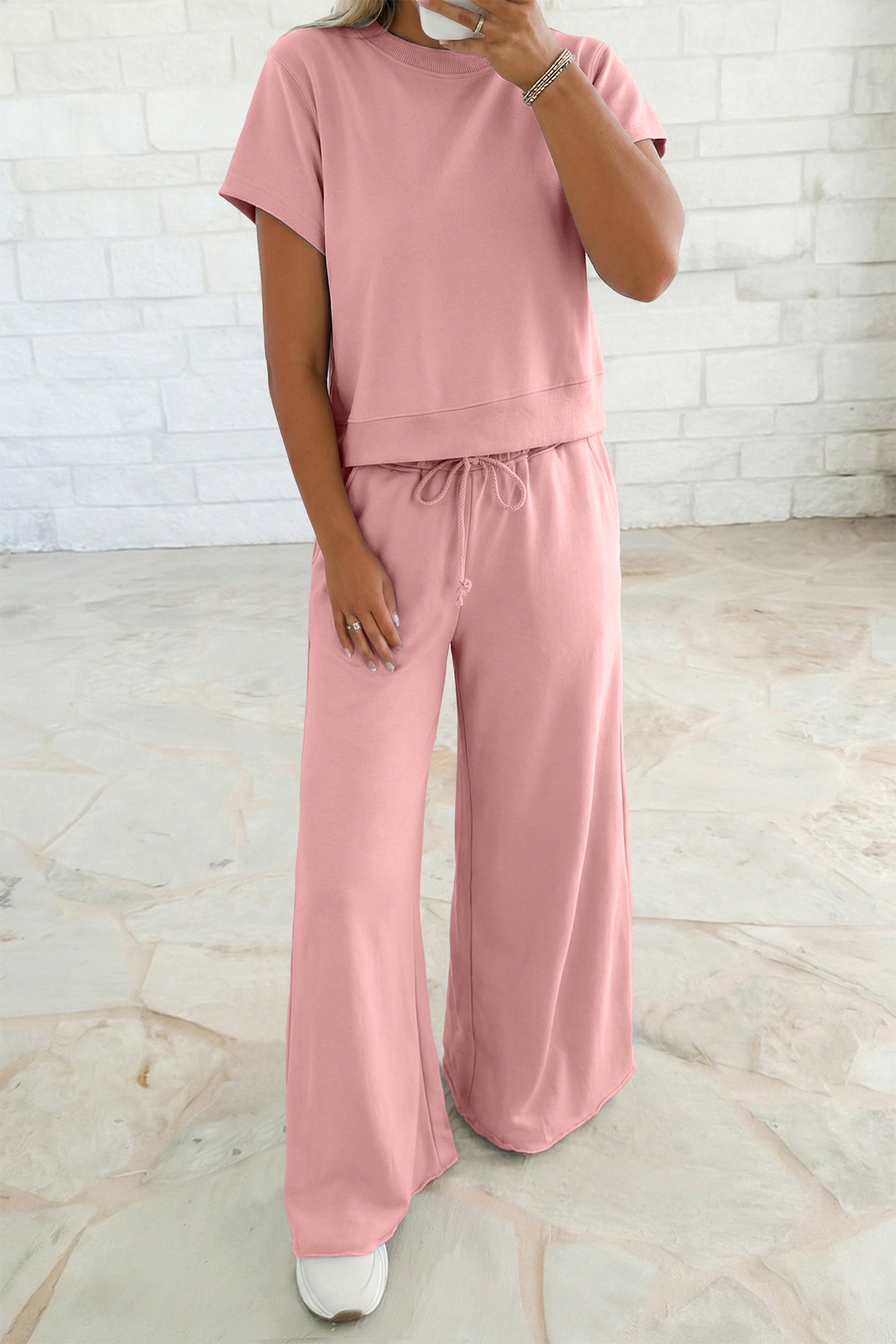 Light Pink Solid Color Loose Tee Drawstring Wide Leg Pants 2pcs Outfit-Two Piece Sets/Pant Sets-[Adult]-[Female]-Light Pink-S-2022 Online Blue Zone Planet
