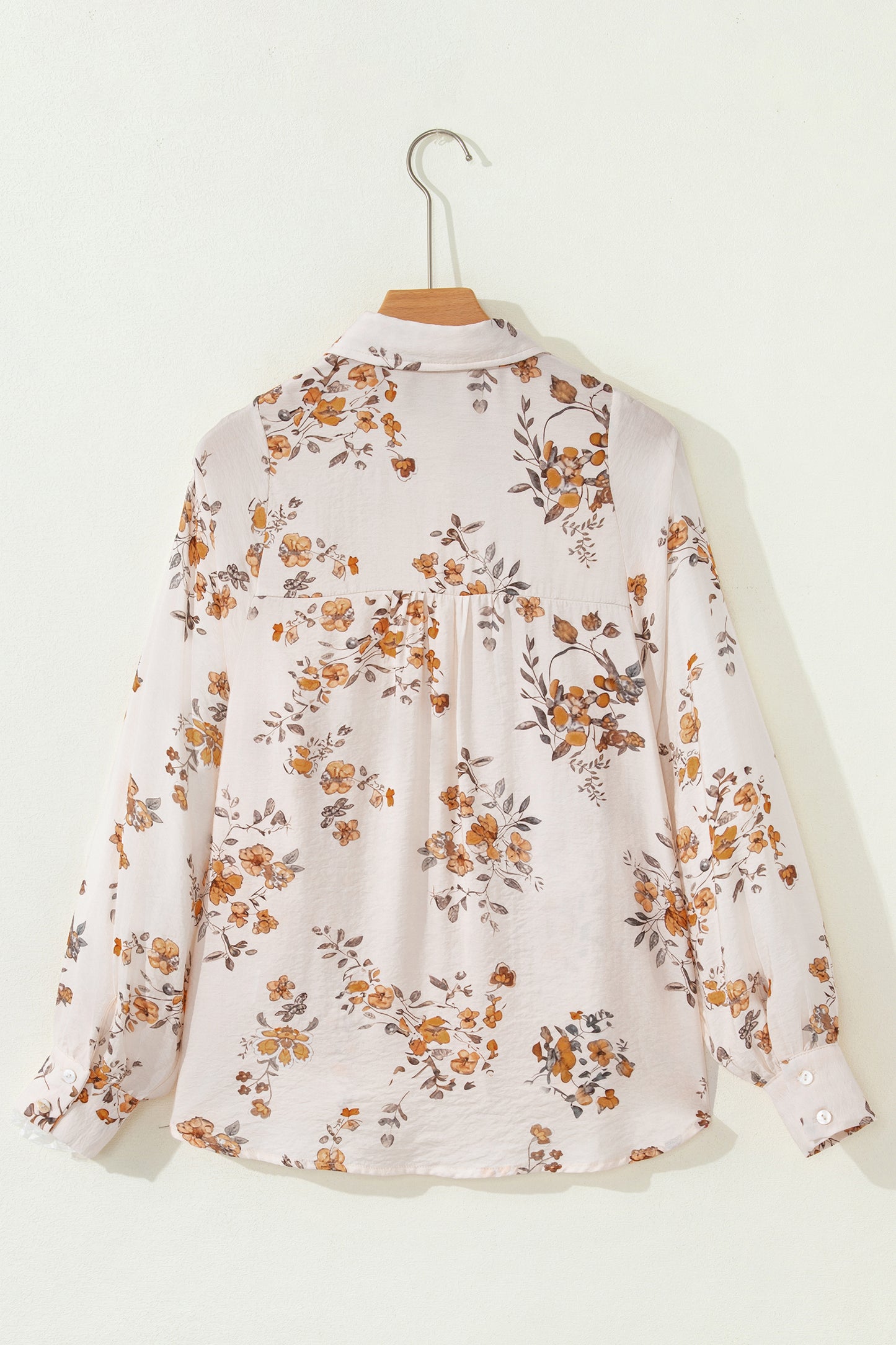 Apricot Floral Printed Silky Button Up Long Sleeve Shirt-Tops/Blouses & Shirts-[Adult]-[Female]-2022 Online Blue Zone Planet