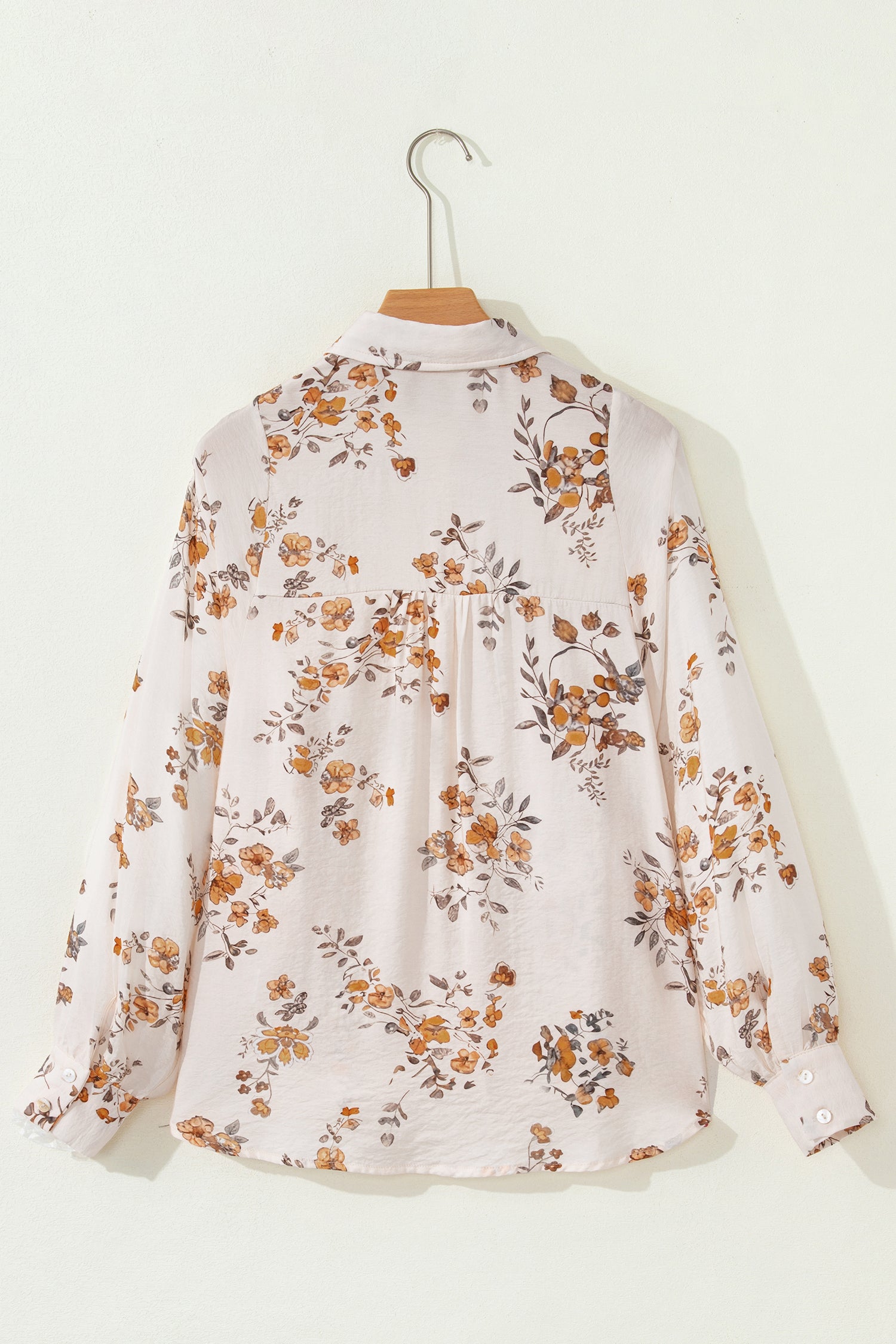 Apricot Floral Printed Silky Button Up Long Sleeve Shirt-Tops/Blouses & Shirts-[Adult]-[Female]-2022 Online Blue Zone Planet