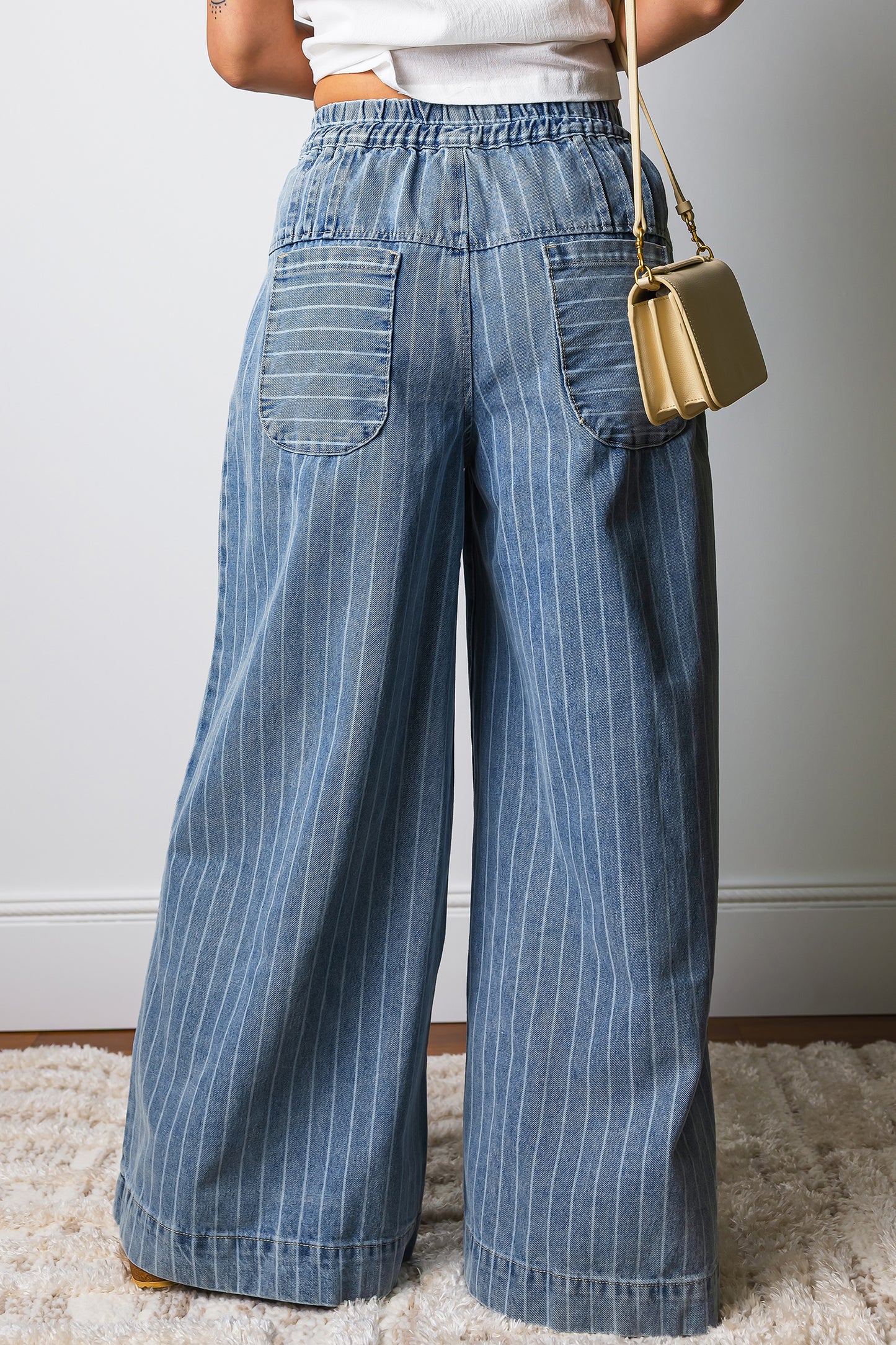 Sky Blue Stripe Button Pleated Drawstring Waist Casual Wide Leg Jeans-Bottoms/Jeans-[Adult]-[Female]-2022 Online Blue Zone Planet