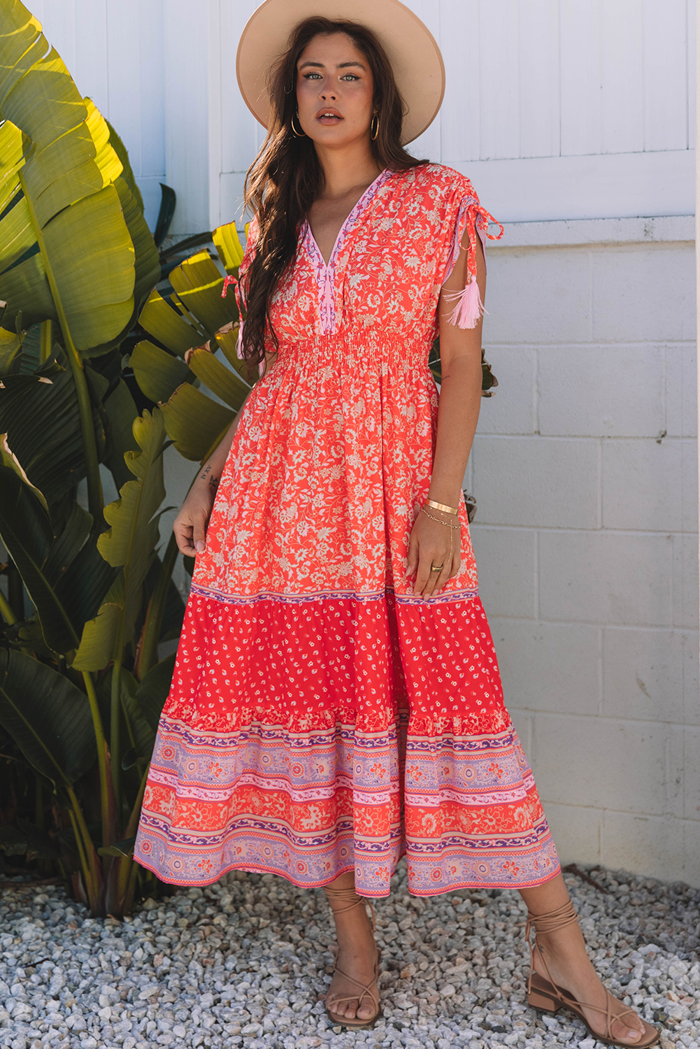 Red Floral Print Tasseled Tied Sleeve Empire Waist Maxi Dress-TOPS / DRESSES-[Adult]-[Female]-2022 Online Blue Zone Planet