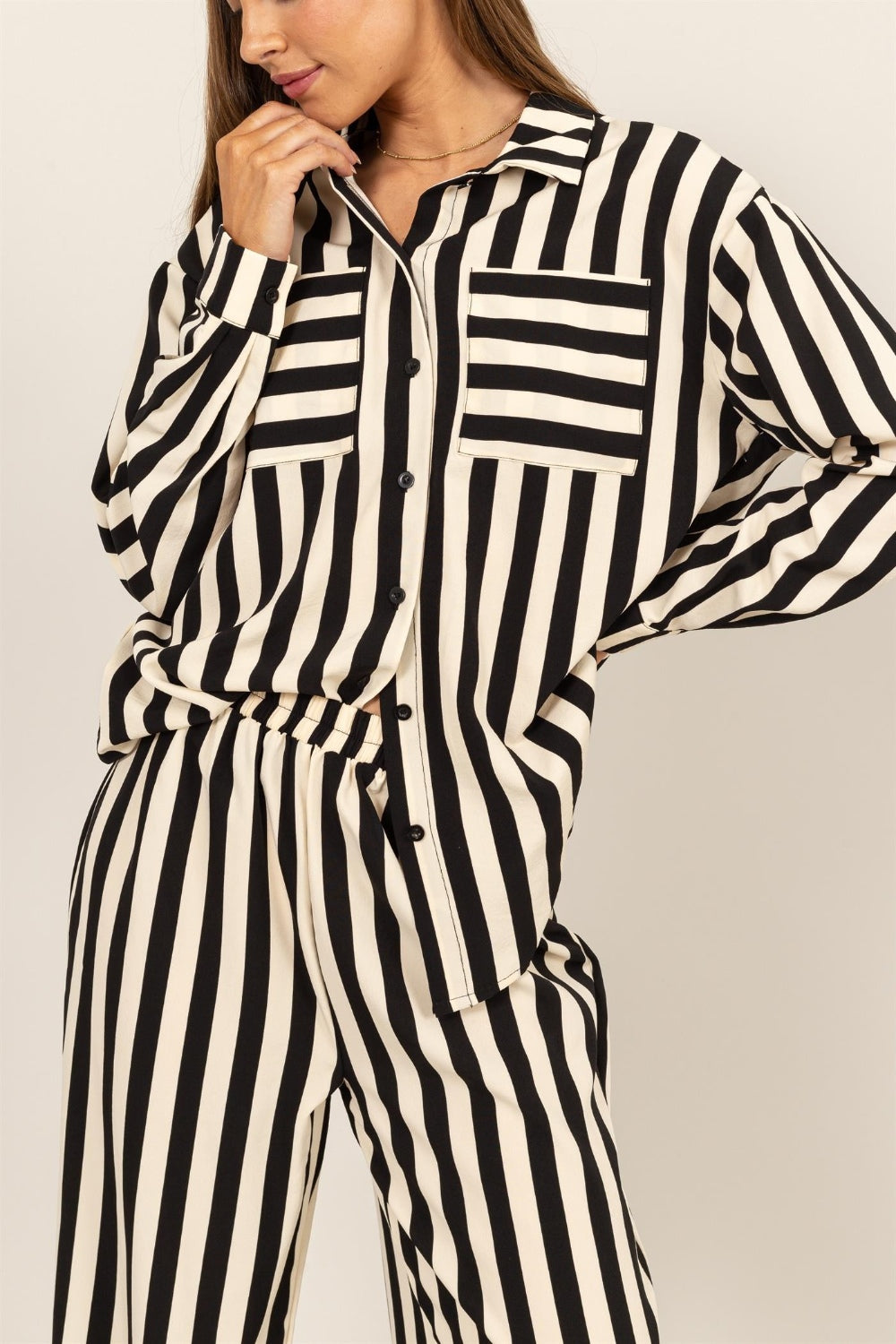 Blue Zone Planet | HYFVE Striped Button Up Shirt and Pants Set-TOPS / DRESSES-[Adult]-[Female]-2022 Online Blue Zone Planet