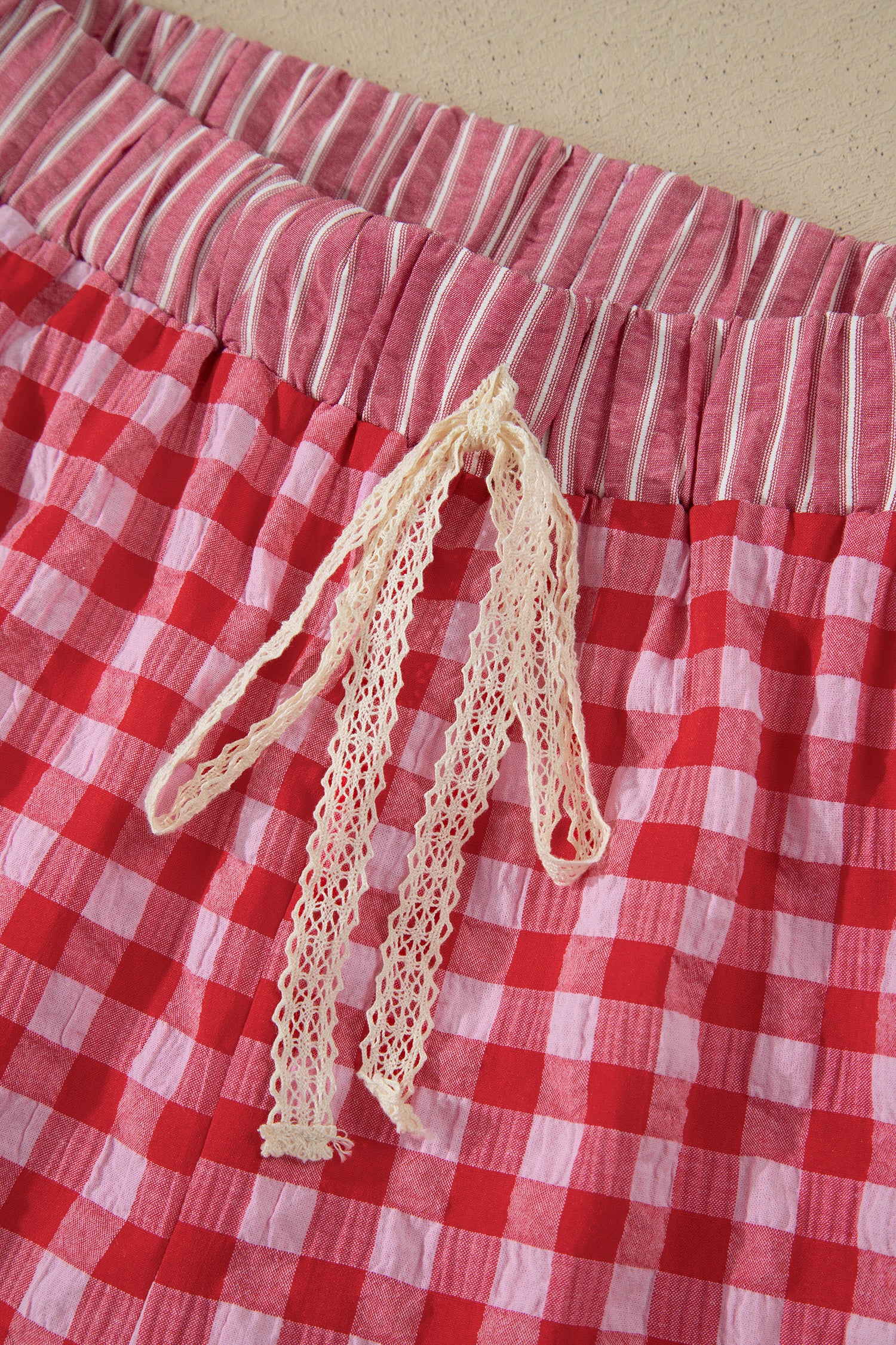 Red Gingham Print Ruffle Striped Detail Lace Tie Shorts-Bottoms/Casual Shorts-[Adult]-[Female]-2022 Online Blue Zone Planet
